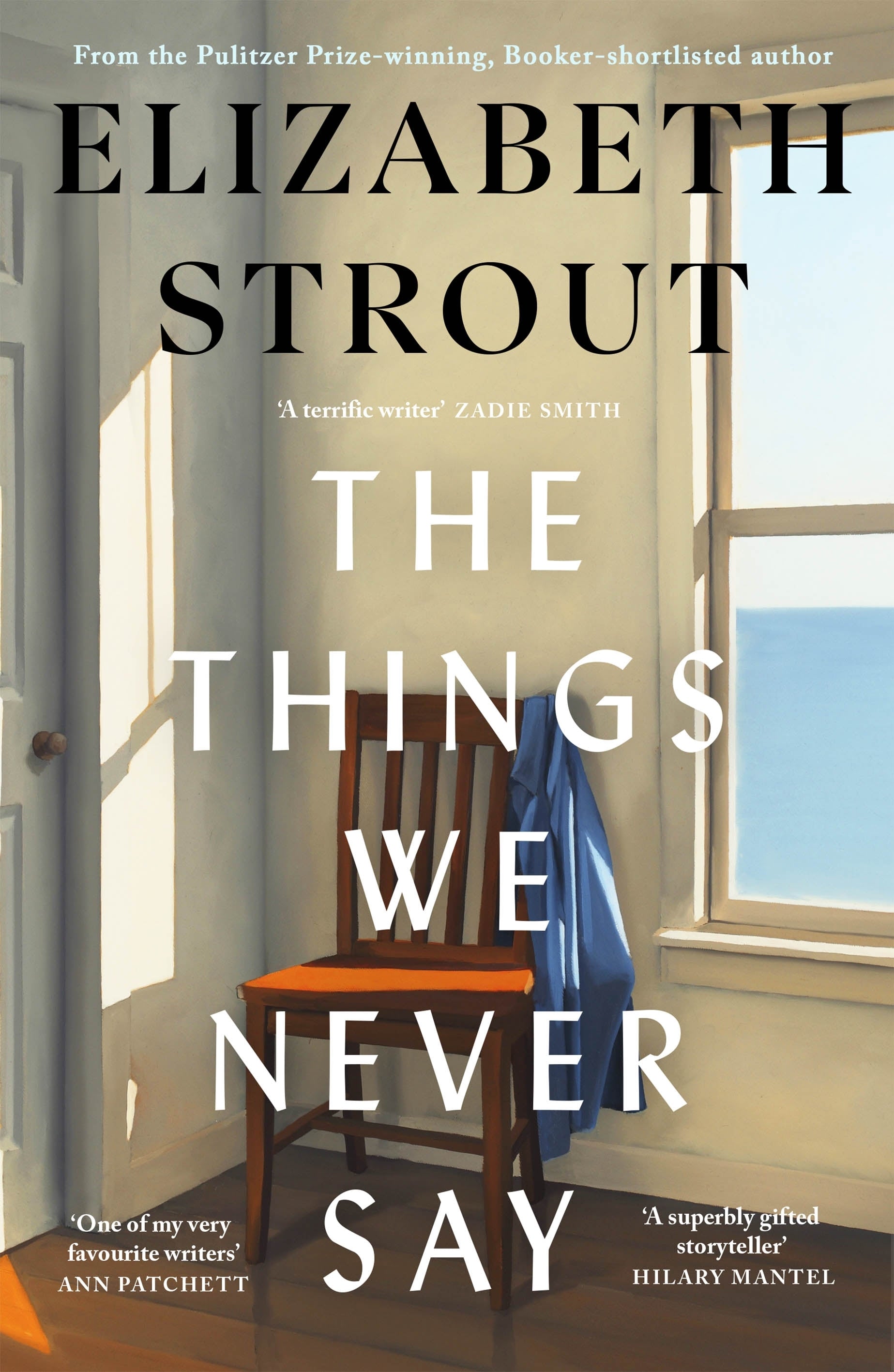 the things we never say by Elizabeth Strout showing a chair ina corner and blue sky in the background