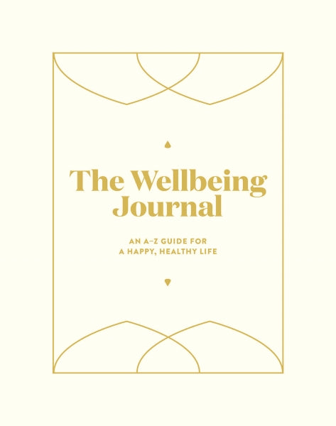 Cover of 'The Wellbeing Journal' with gold text on a white background