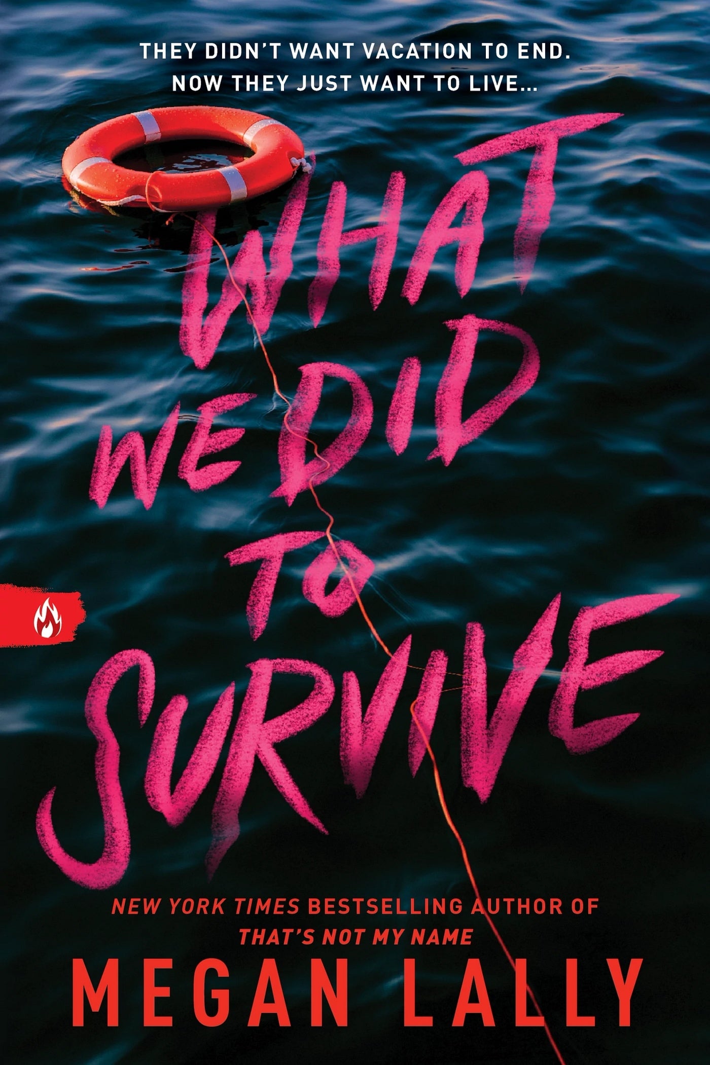 Book cover of 'What We Did to Survive' with pink text on a water background