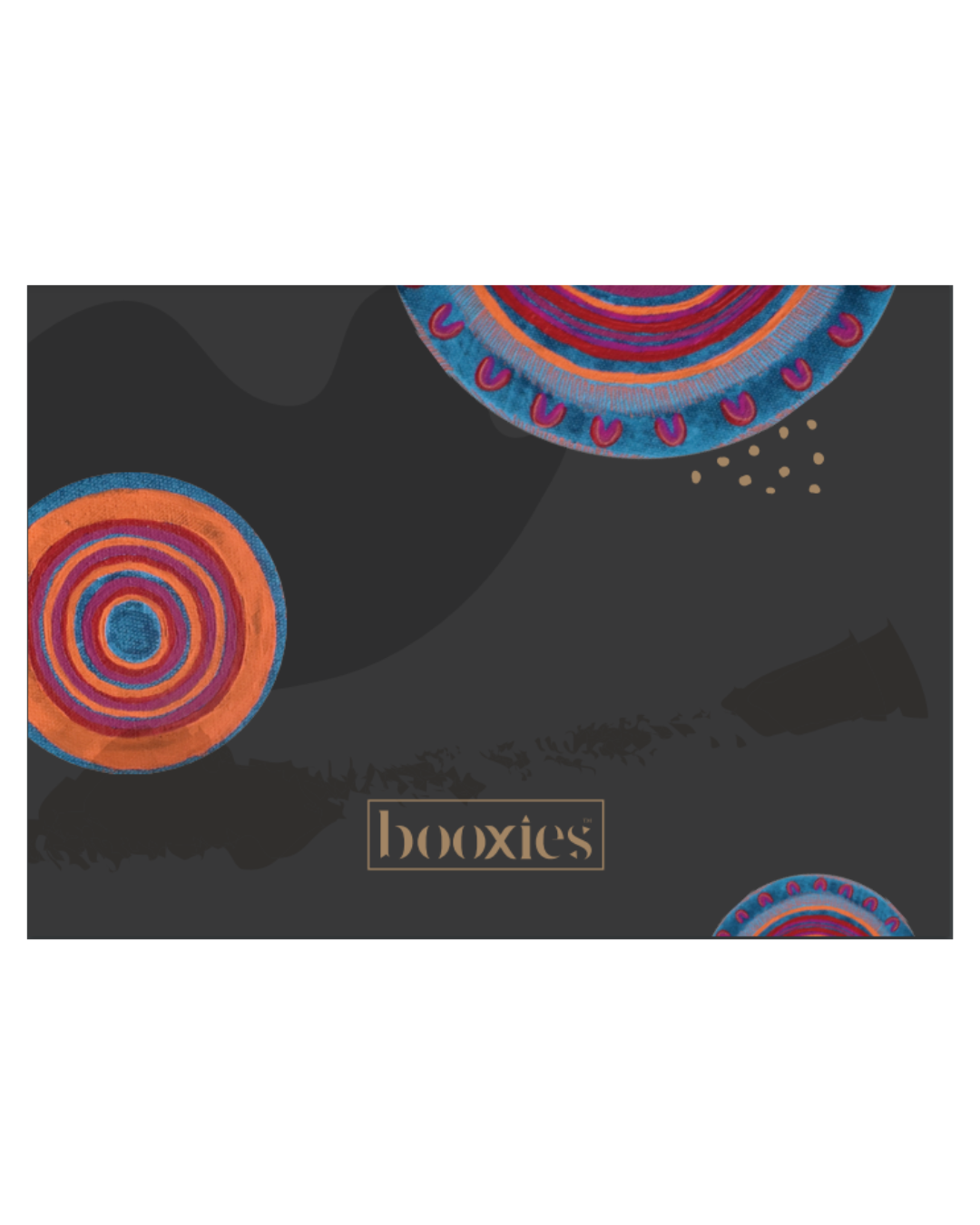 Black product packaging with colorful circular Aboriginal designs and 'booxies' branding.