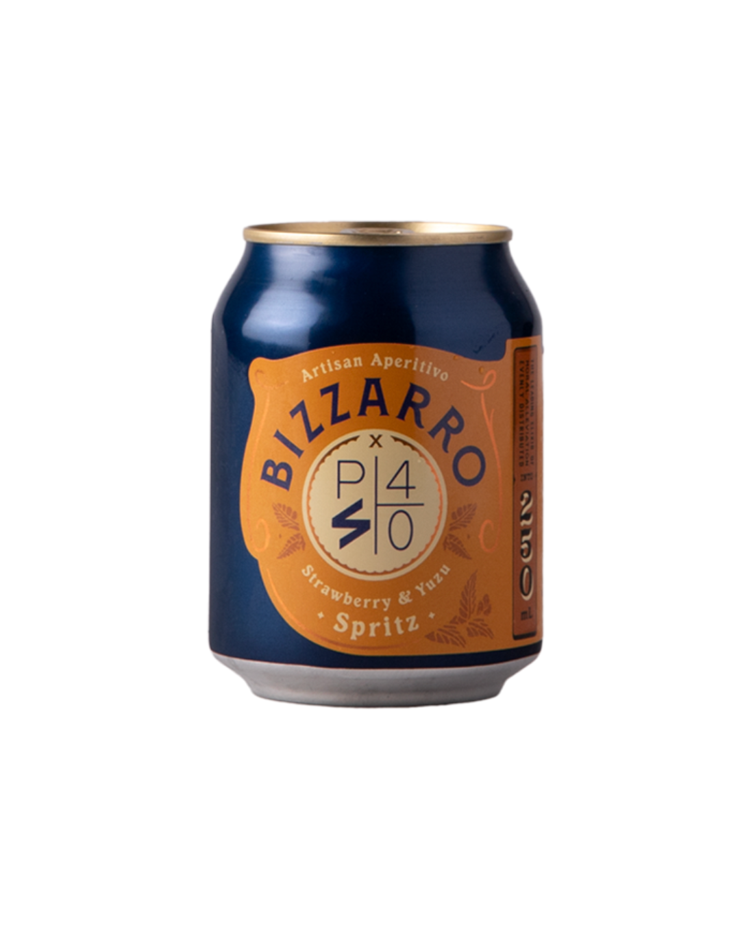 A single can of Blizzarro x Pi40 Spritz artisan aperitivo, featuring a dark blue can with a prominent orange and beige label, set against a plain white background.