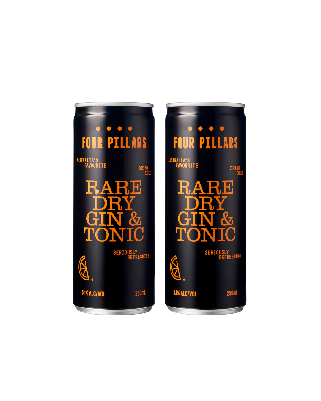 Two cans of Four Pillars Rare Dry Gin & Tonic on a white background