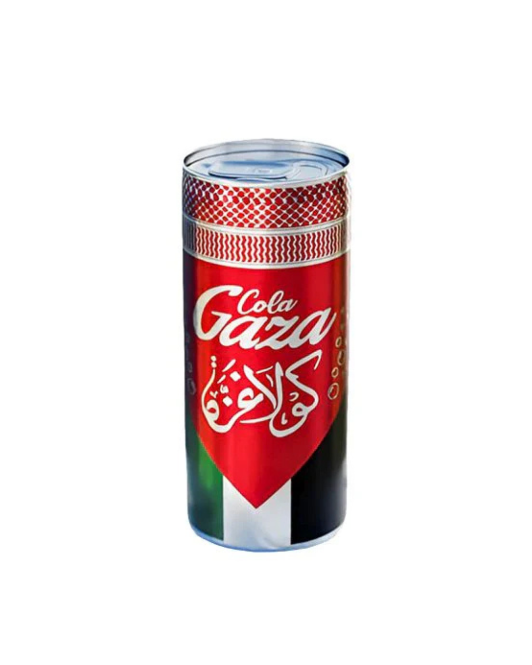 Cola Gaza can with red and white design on a white background