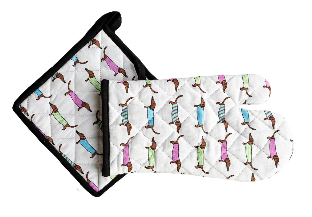 Oven mitt and pot holder with dachshund pattern on a white background