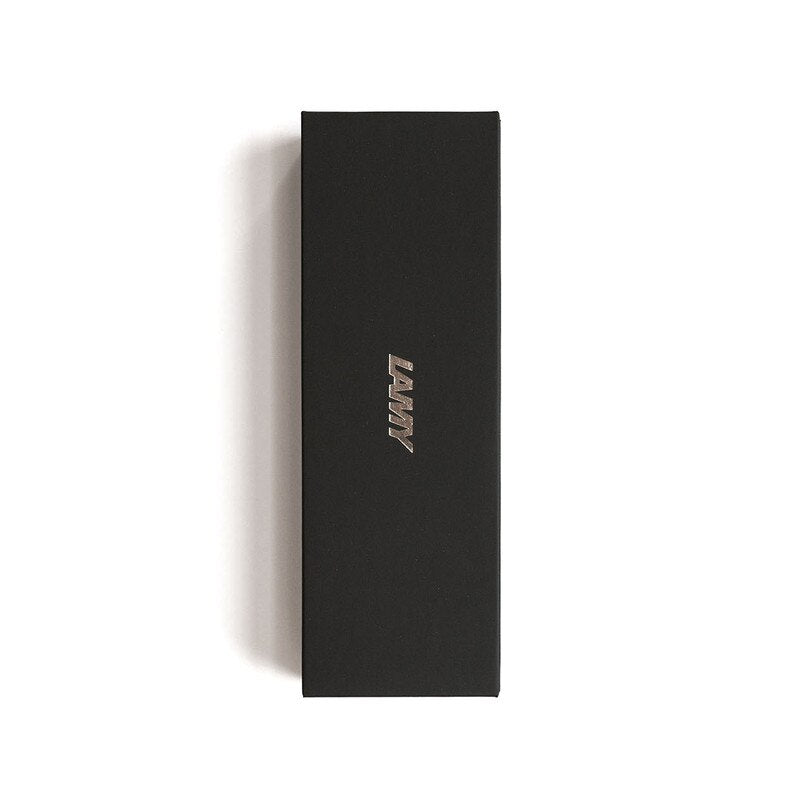 Black rectangular box with a brand logo on a white background