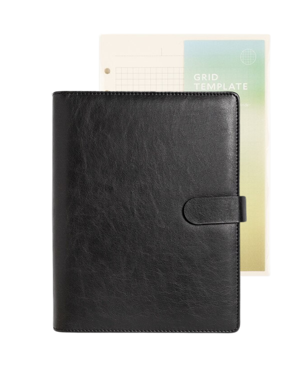Black leather notebook planner from studio milligram with a strap on a white background with insert grid template