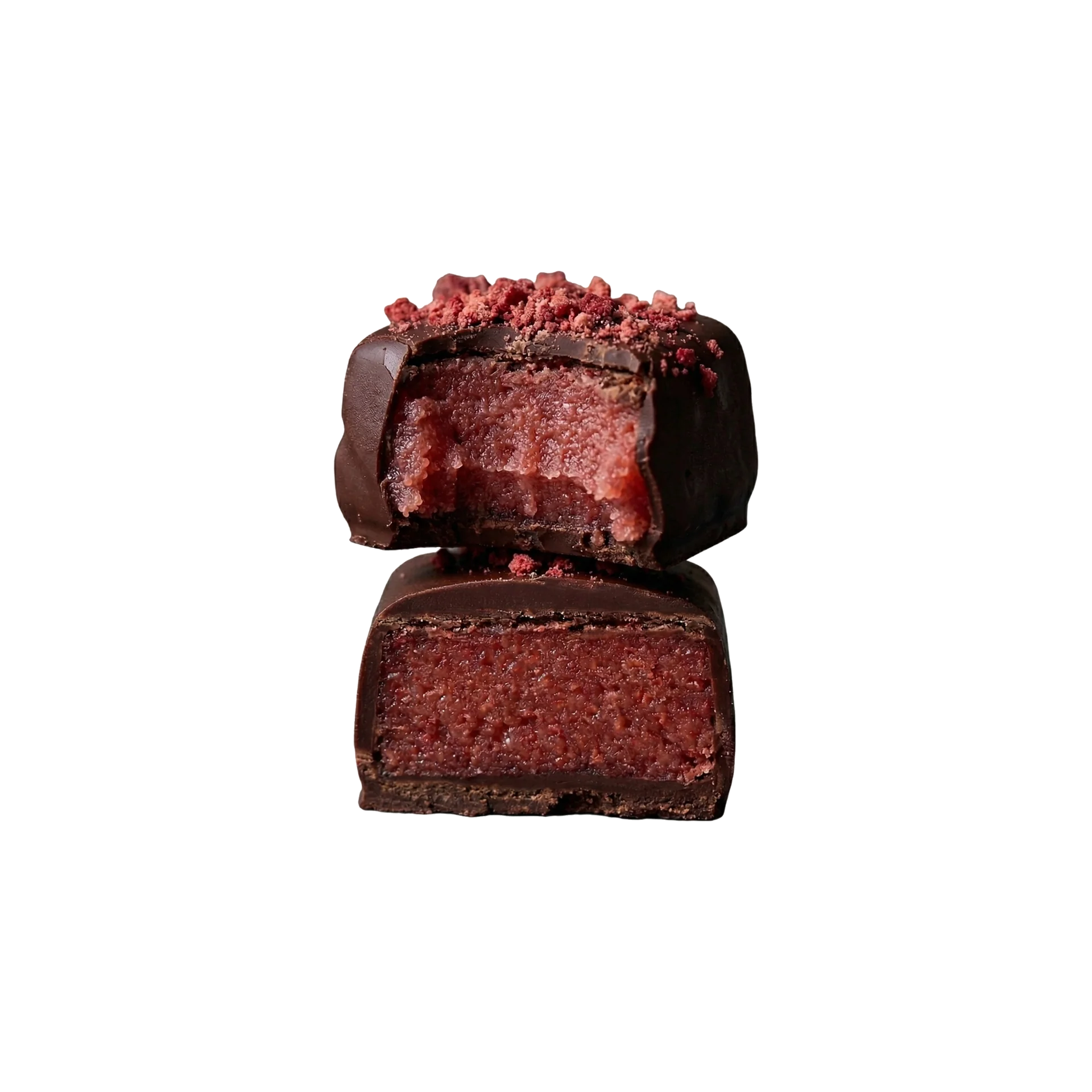 Chocolate truffle with a red filling on a white background