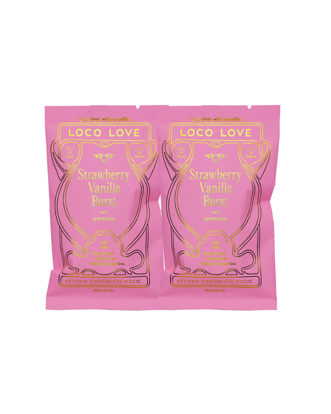 Two pink packages of Loco Love Strawberry Vanilla Fudge on a white background
