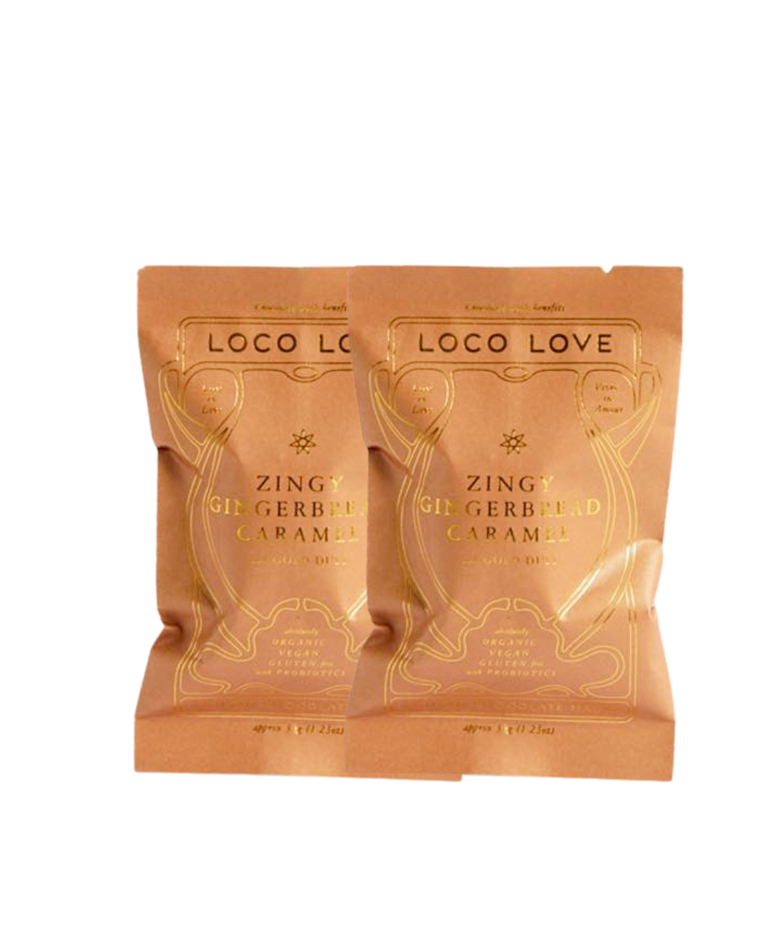 Two packages of Loco Love Zingy Gingerbread Caramel on a white background