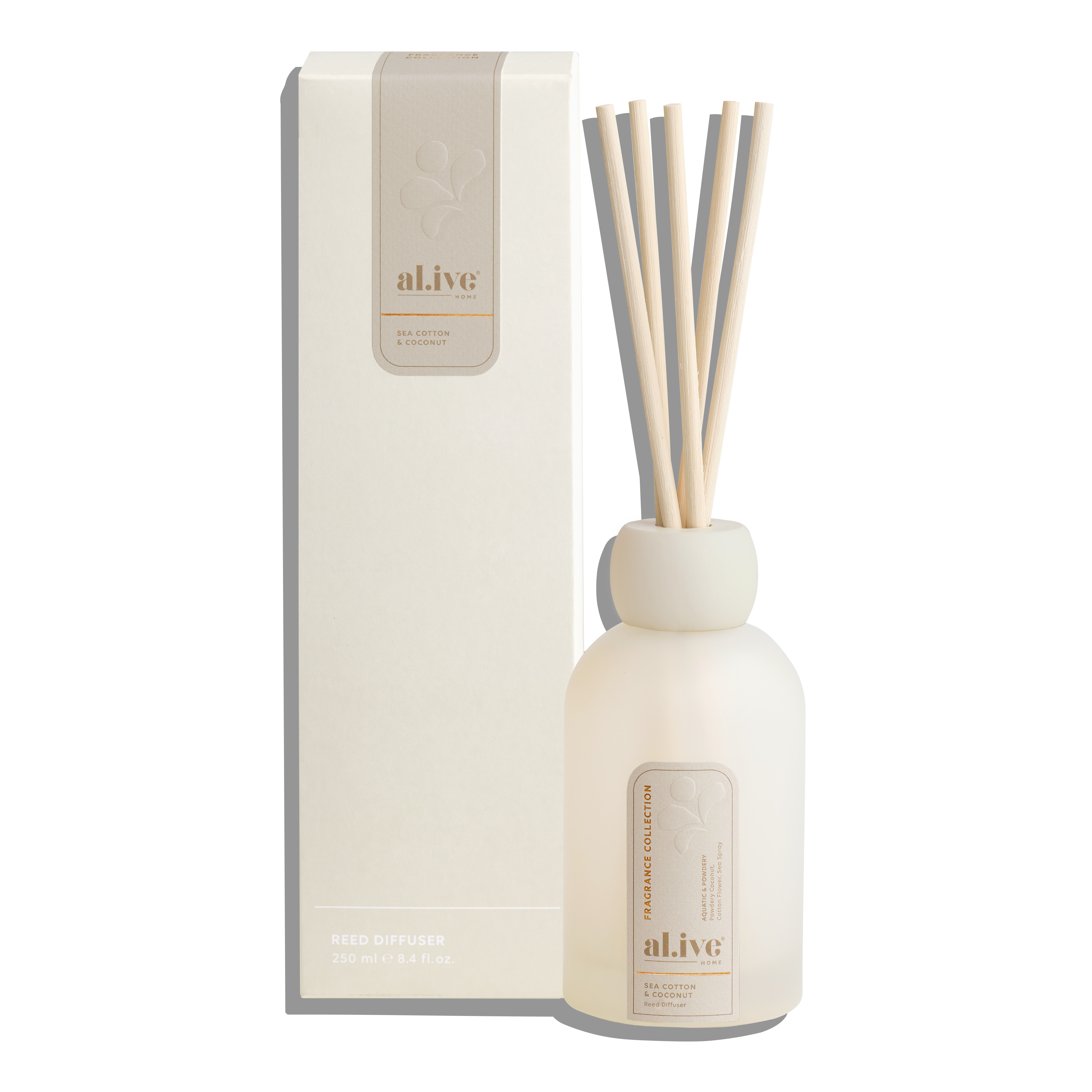 White diffuser bottle with sticks and packaging on a white background