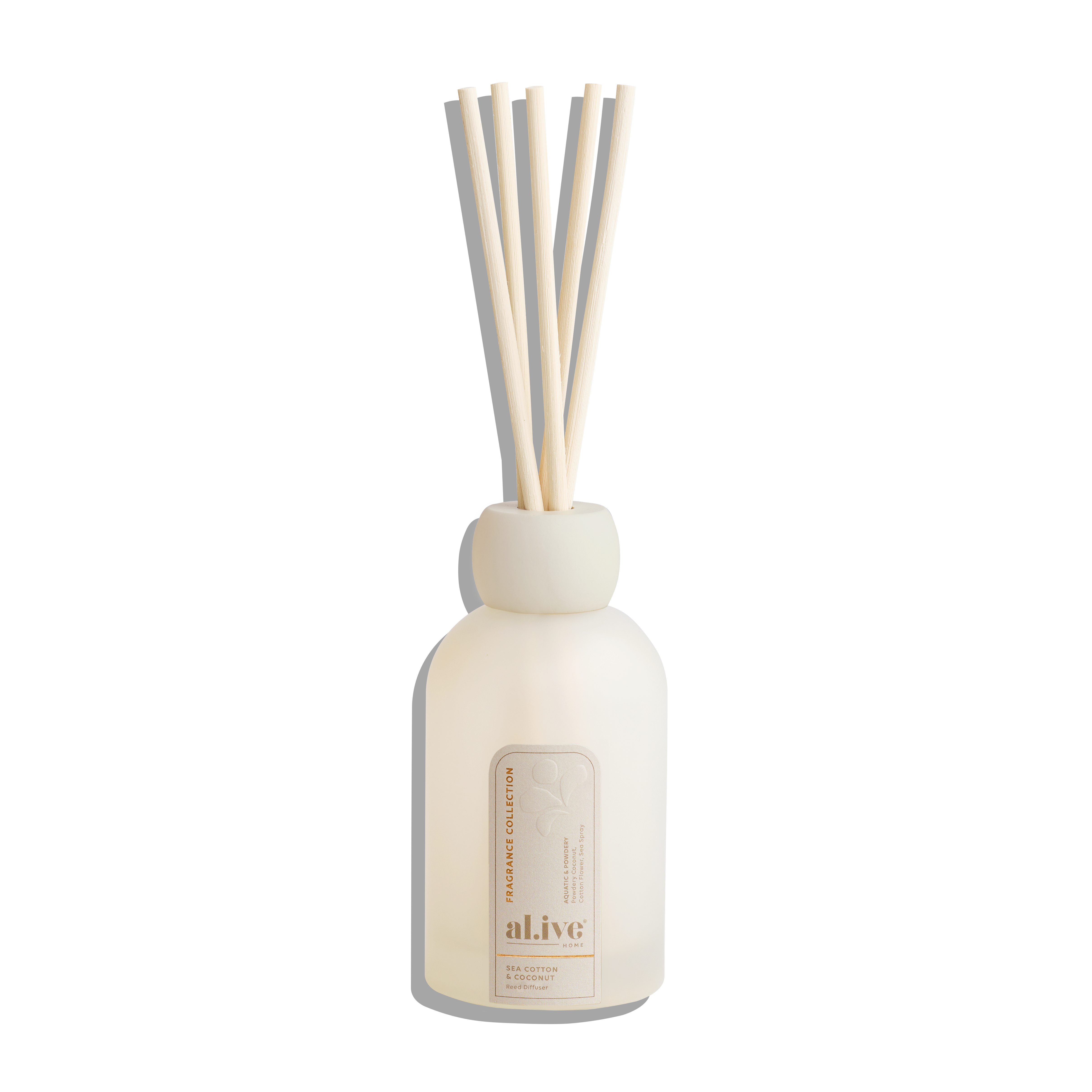 White diffuser bottle with wooden sticks on a white background