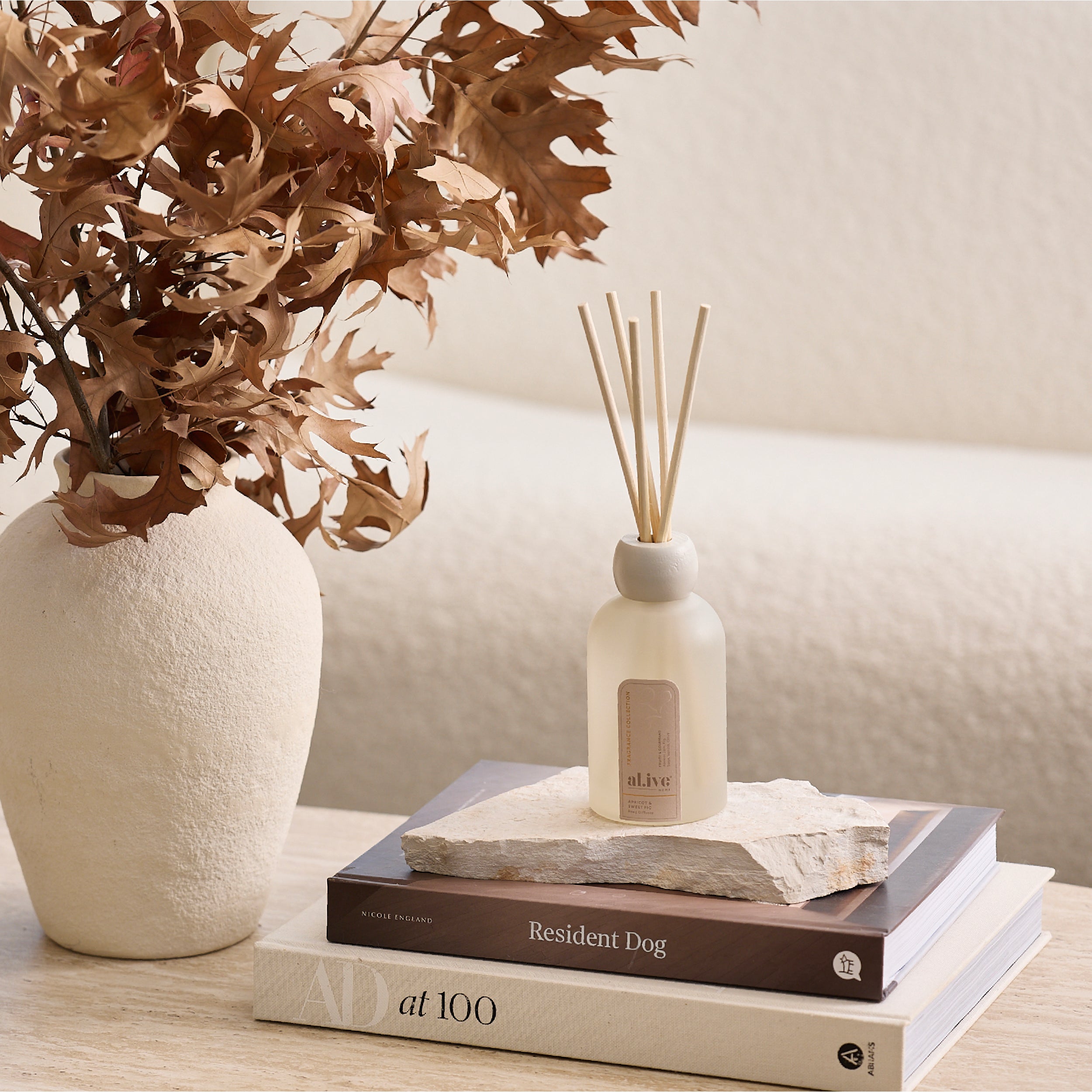 Decorative setup with books, a diffuser, and a vase on a surface.