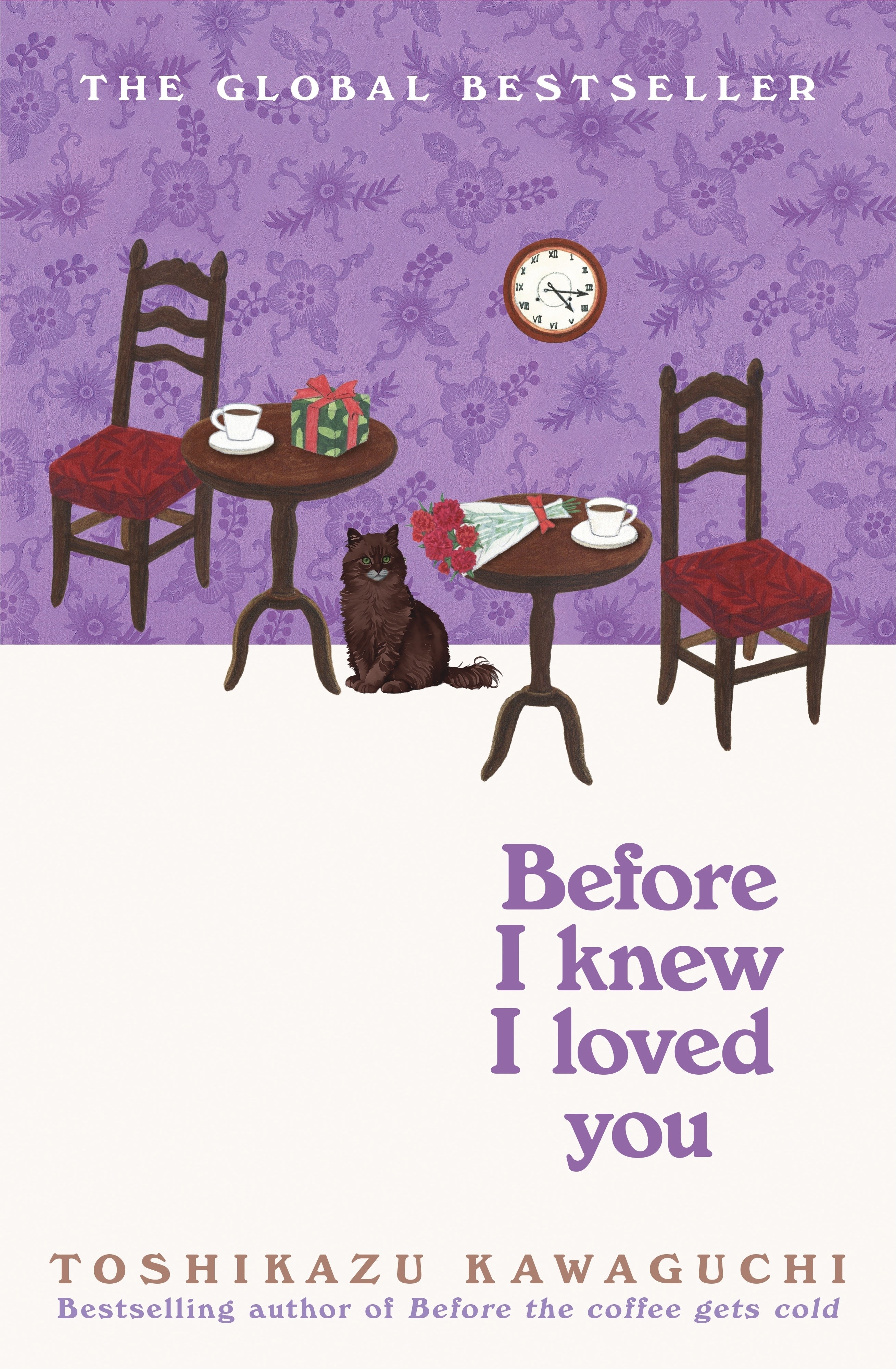 before i knew i loved you by Toshikazu Kawauchi shpwong two tables and two chairs and a cat with purple background