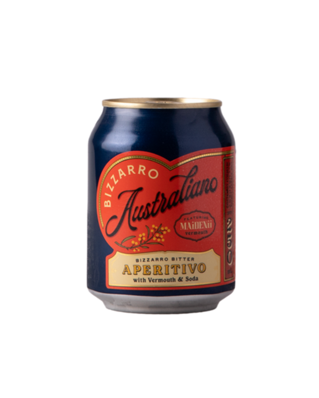 A single can of Bizarro Australian Aperitivo with Vermouth & Soda, featuring a dark blue body with a red and gold label, isolated on a white background.