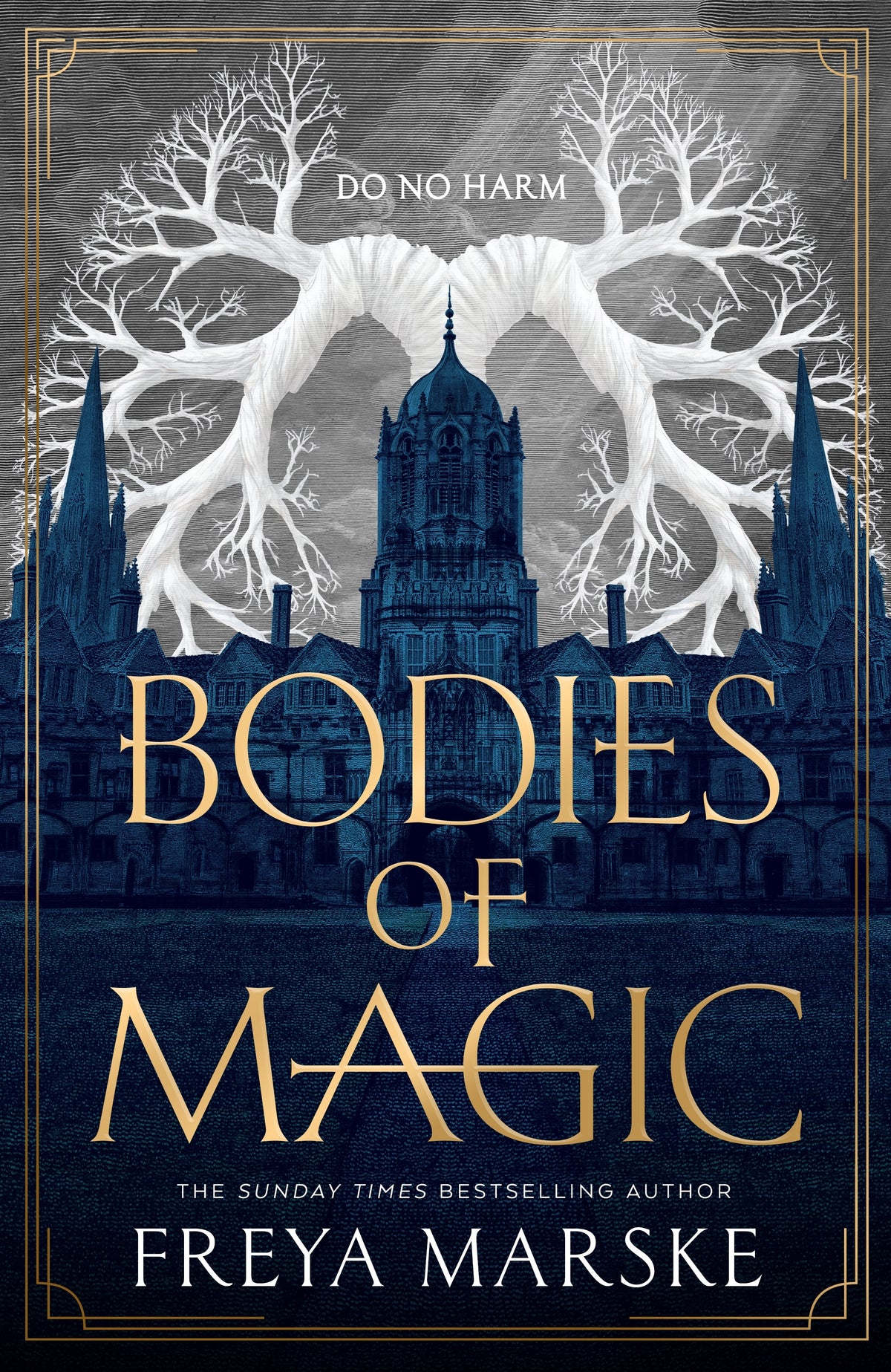 Book cover of 'Bodies of Magic' with a cathedral and tree design.