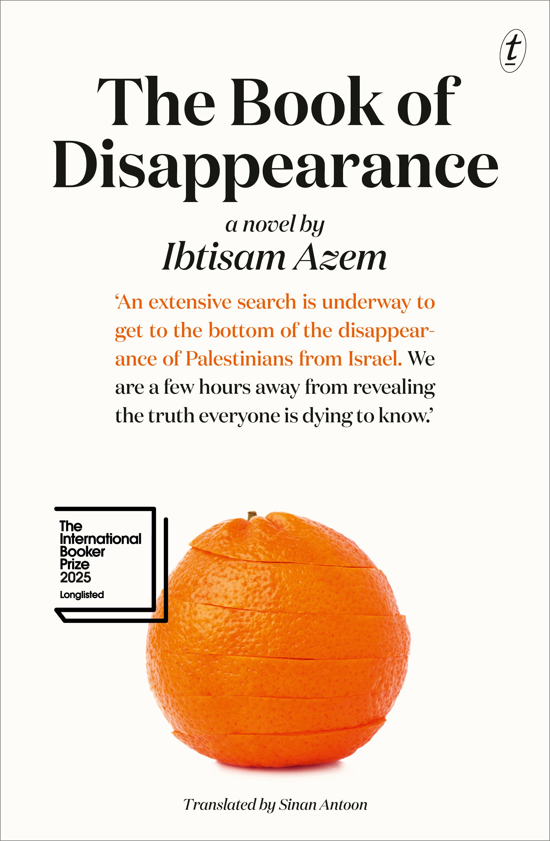 Book cover of 'The Book of Disappearance' by Ibtisam Azem with an orange and text on a white background.
