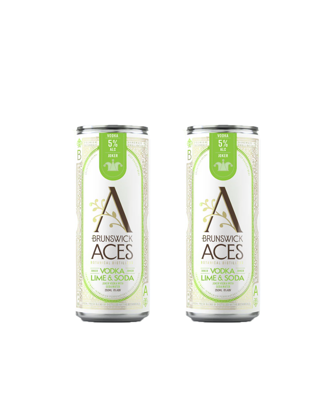 Two cans of Brunswick Aces Vodka Lime & Soda on a white background