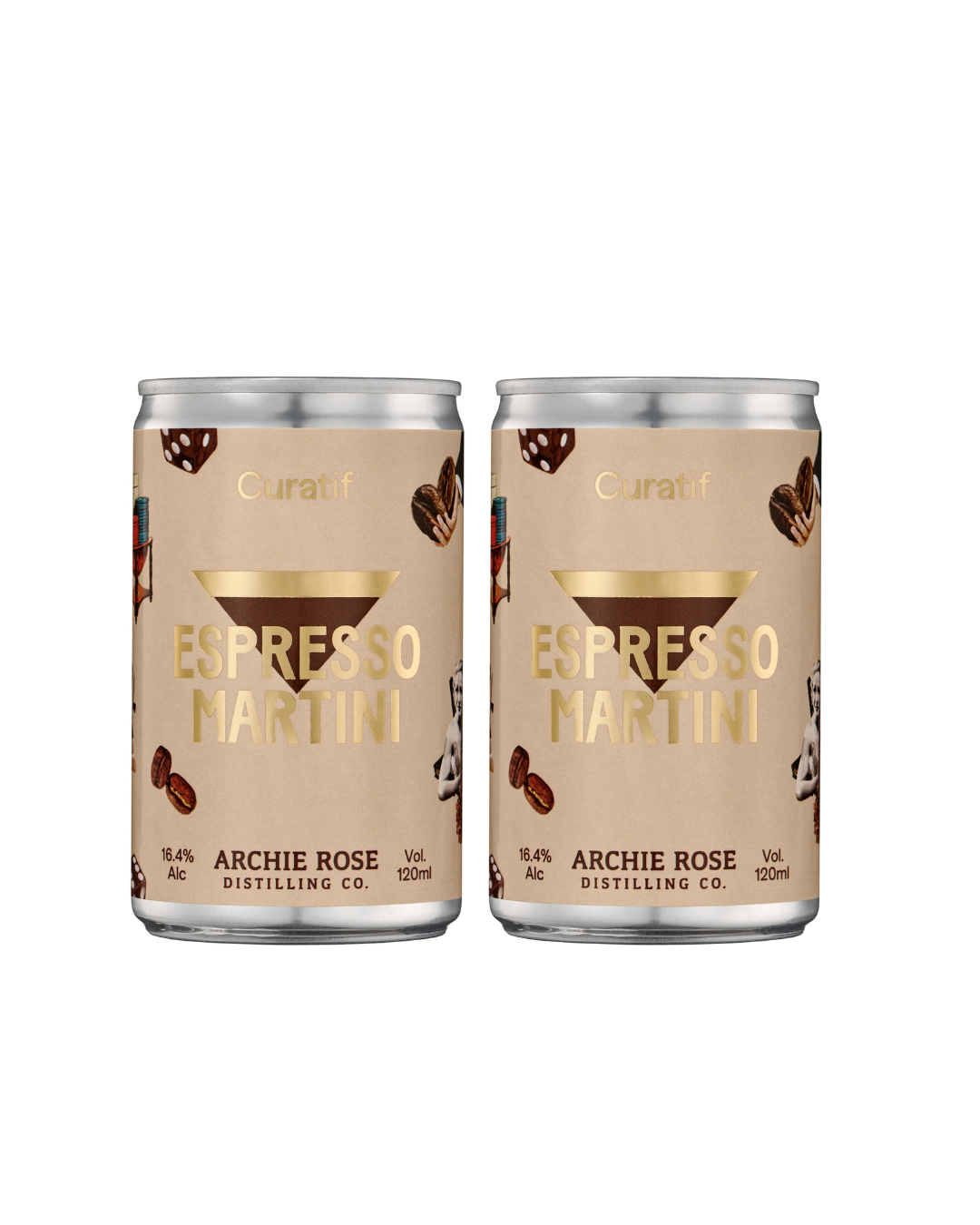 Two cans of Espresso Martini by Archie Rose Distilling Co. on a white background
