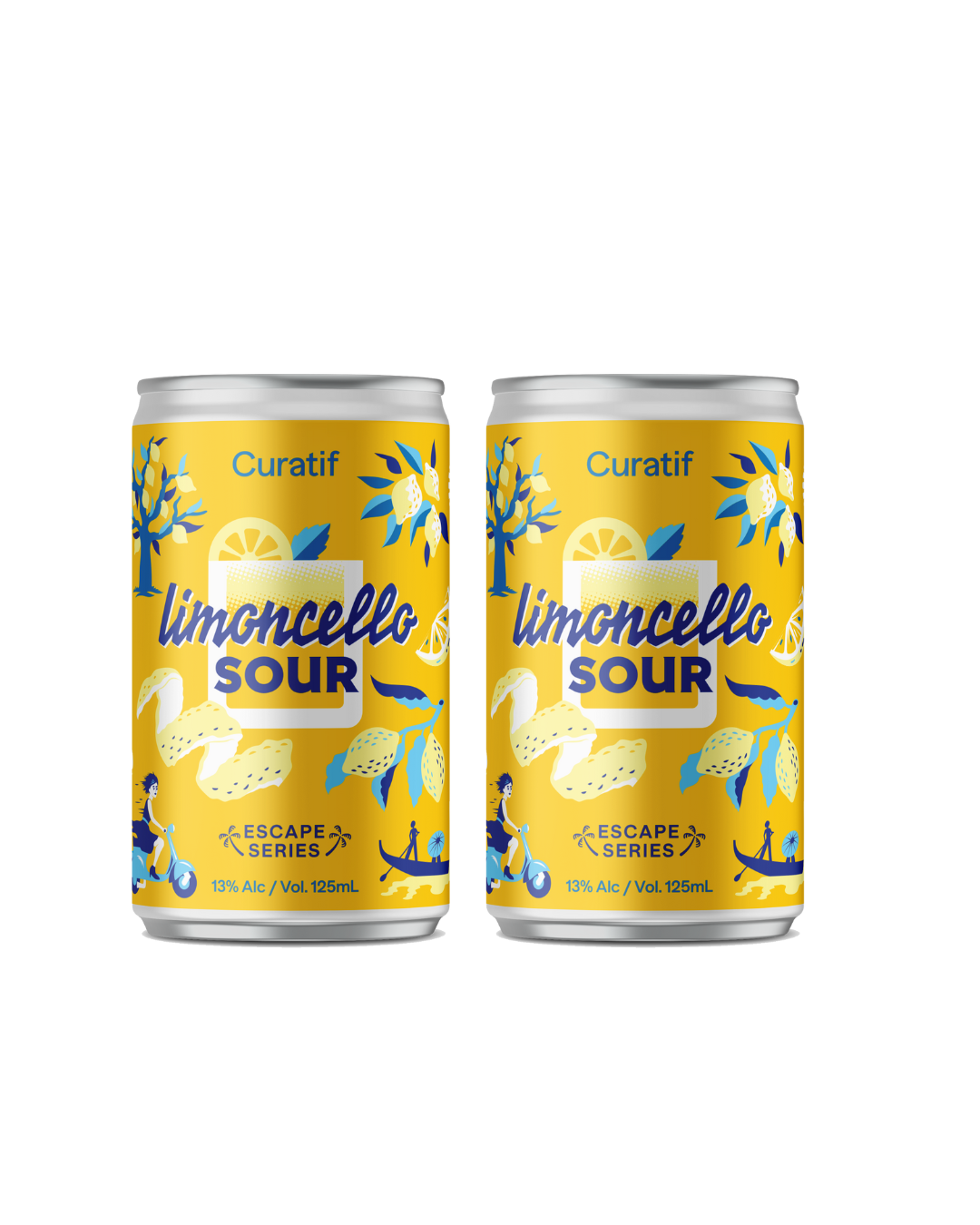 Two cans of Curatif Limoncello Sour on a white background
