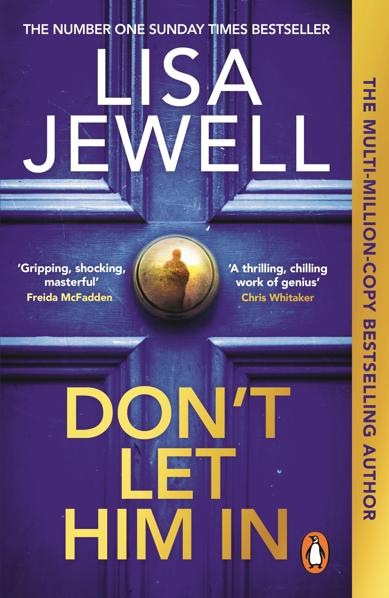 Book cover of 'Don't Let Him In' by Lisa Jewell with a purple door and yellow button.