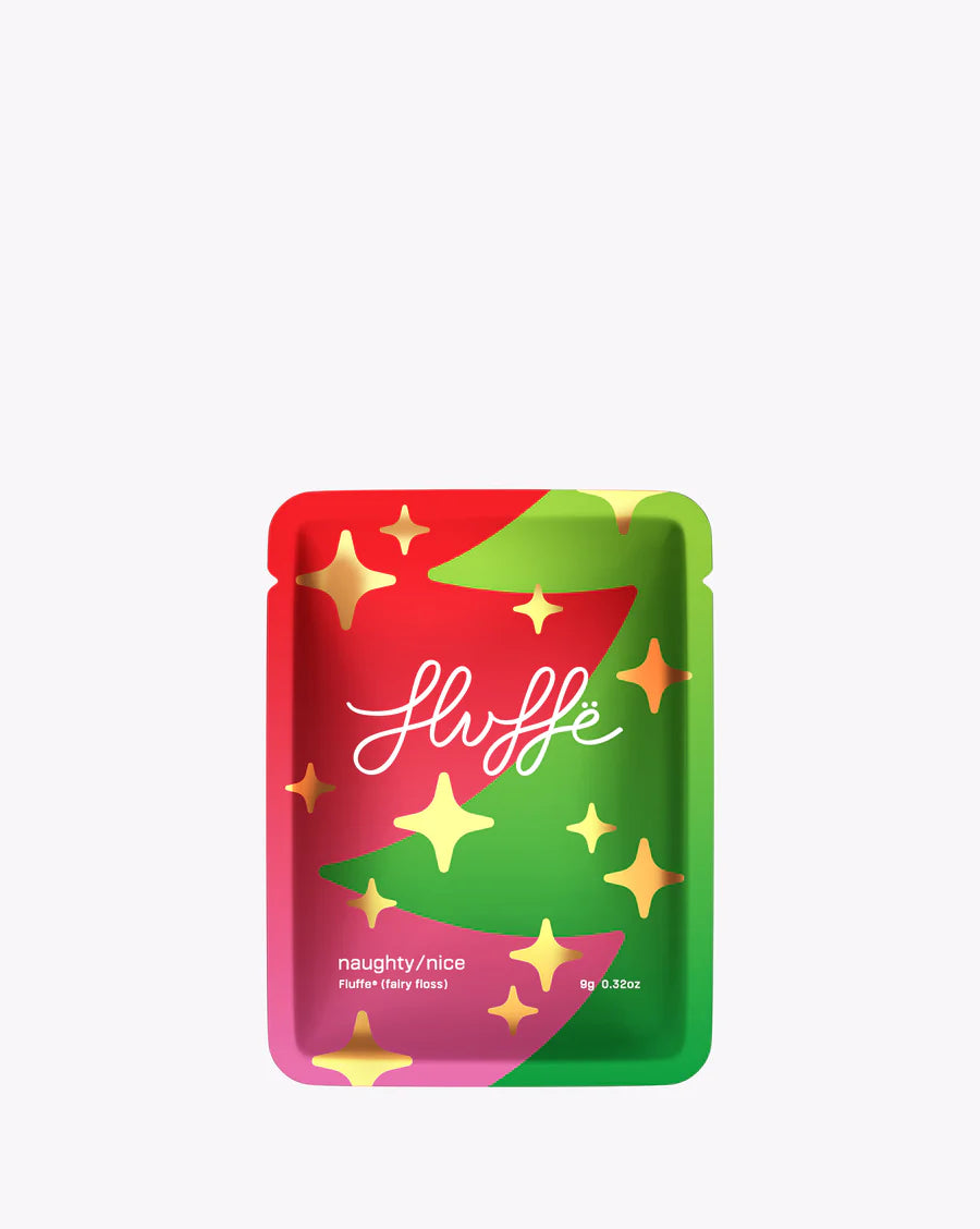 Colorful packaging of fluffee with Christmas tree design on a white background