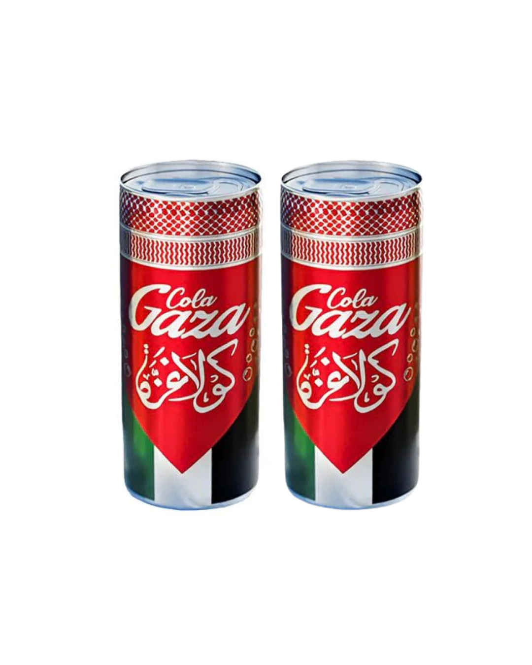Two cans of Cola Gaza with a red and white design on a white background