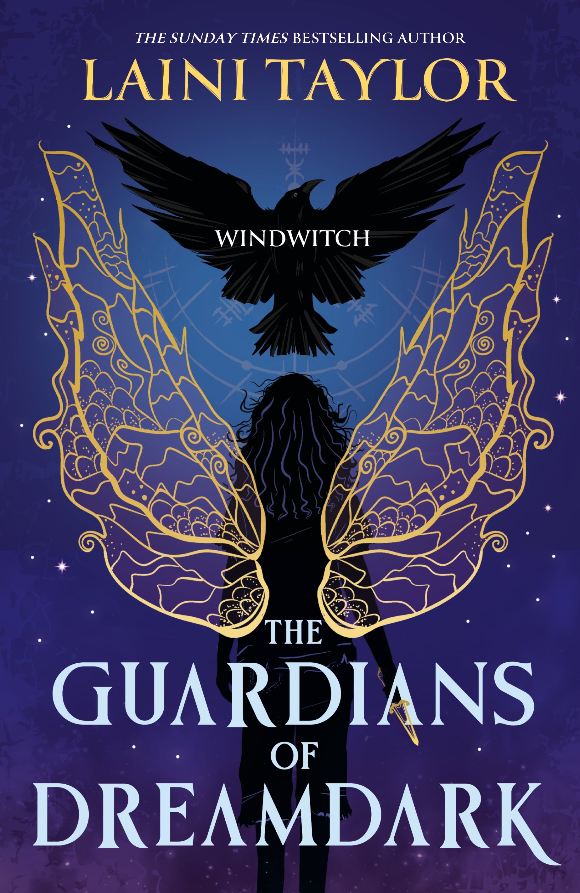 Book cover of 'The Guardians of Dreamdark' by Laini Taylor featuring a silhouette with wings and a bird.