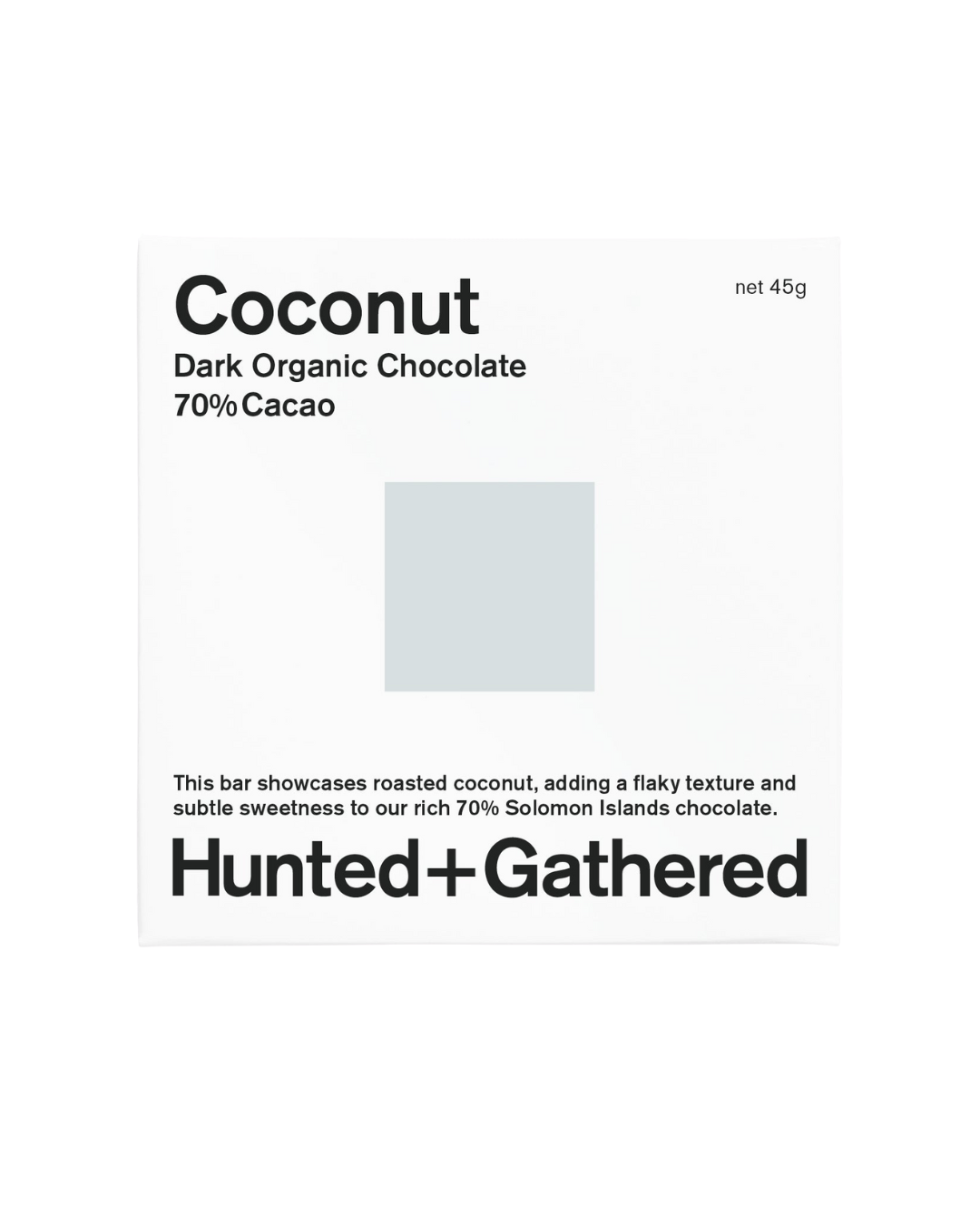 Dark Organic Chocolate bar packaging with 'Hunted + Gathered' branding on a white background