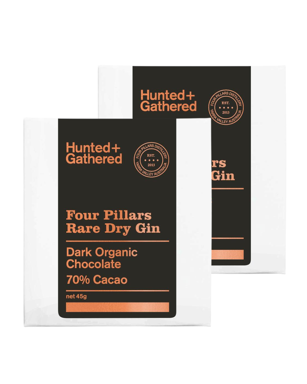 Two packages of Hunted + Gathered Four Pillars Rare Dry Gin Dark Organic Chocolate on a white background