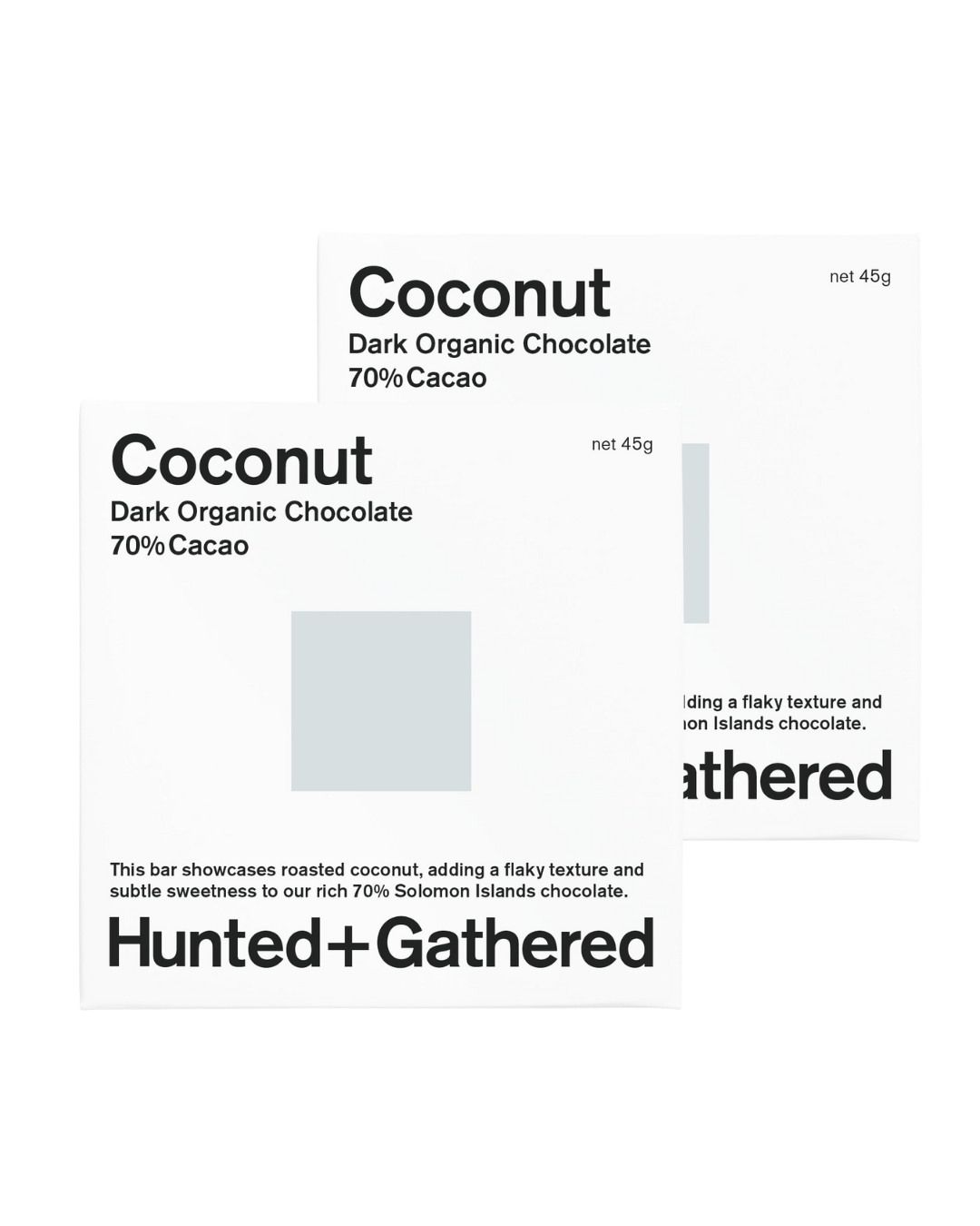 Coconut dark organic chocolate packaging with 'Hunted + Gathered' branding on a white background