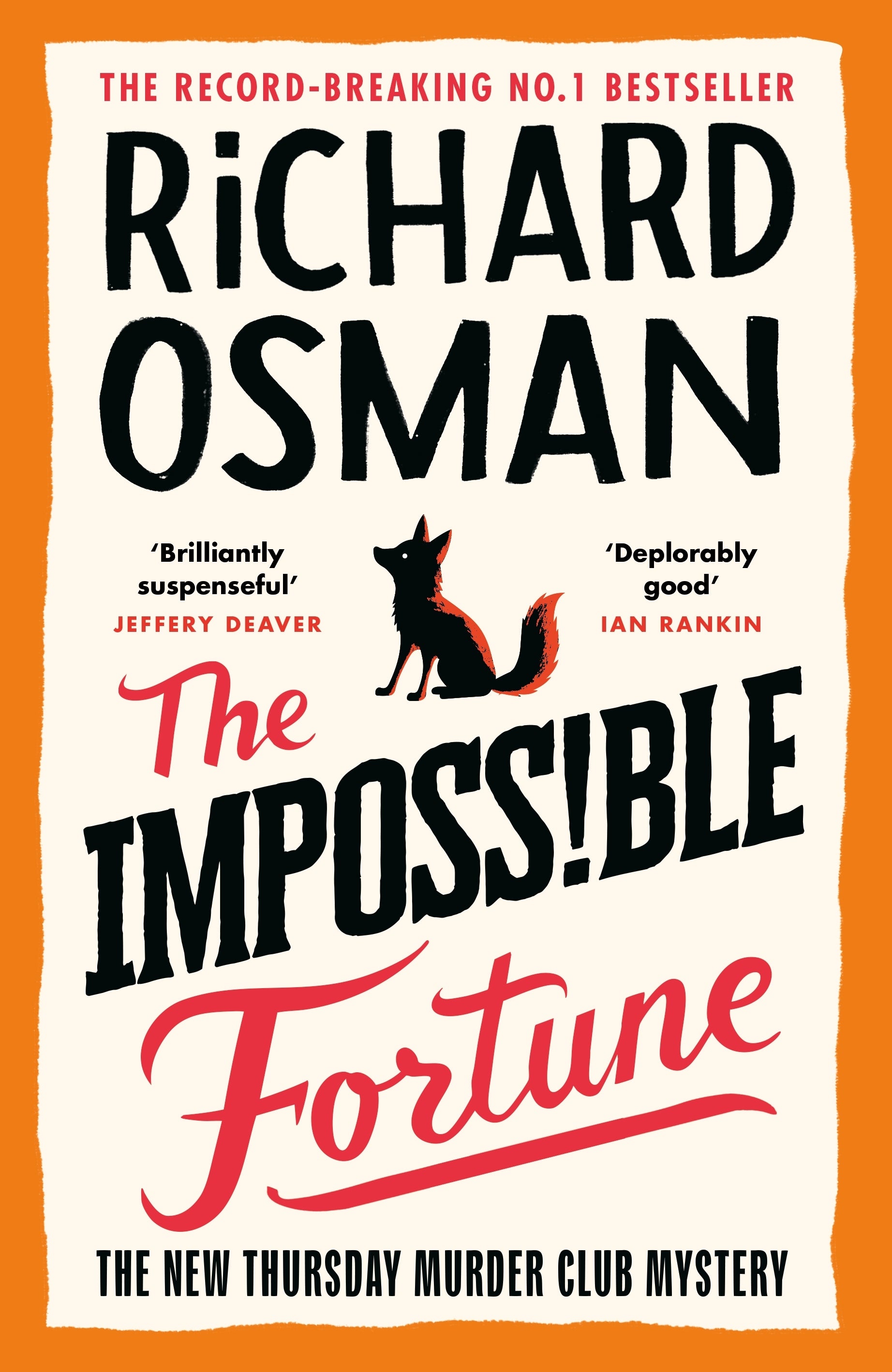 Book cover of 'The Impossible Fortune' by Richard Osman with a fox illustration on an orange background.