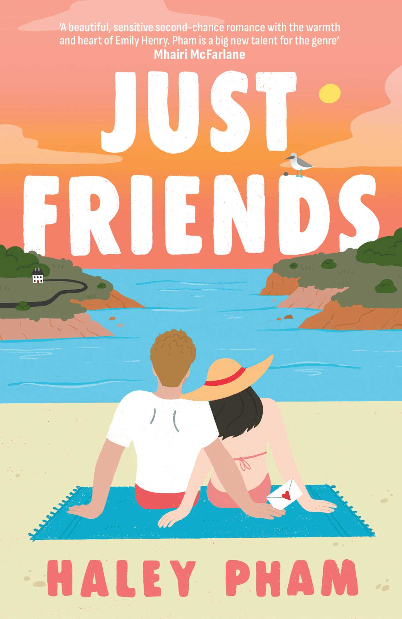 Book cover of 'Just Friends' by Haley Pham featuring a couple on a beach.