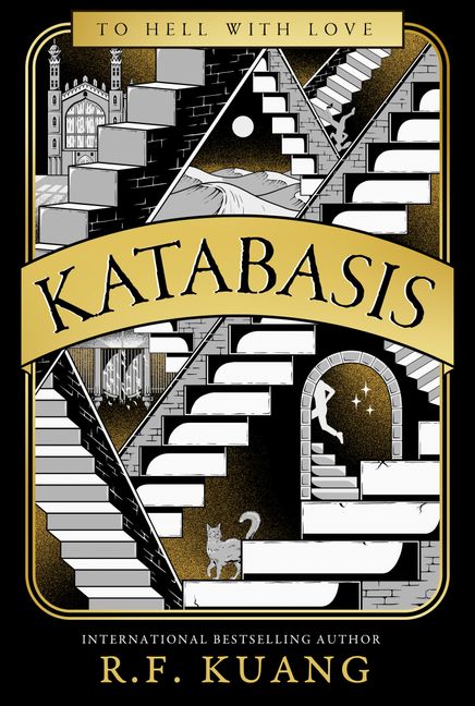 Book cover of 'Katabasis' with stylized staircase design and gold text.