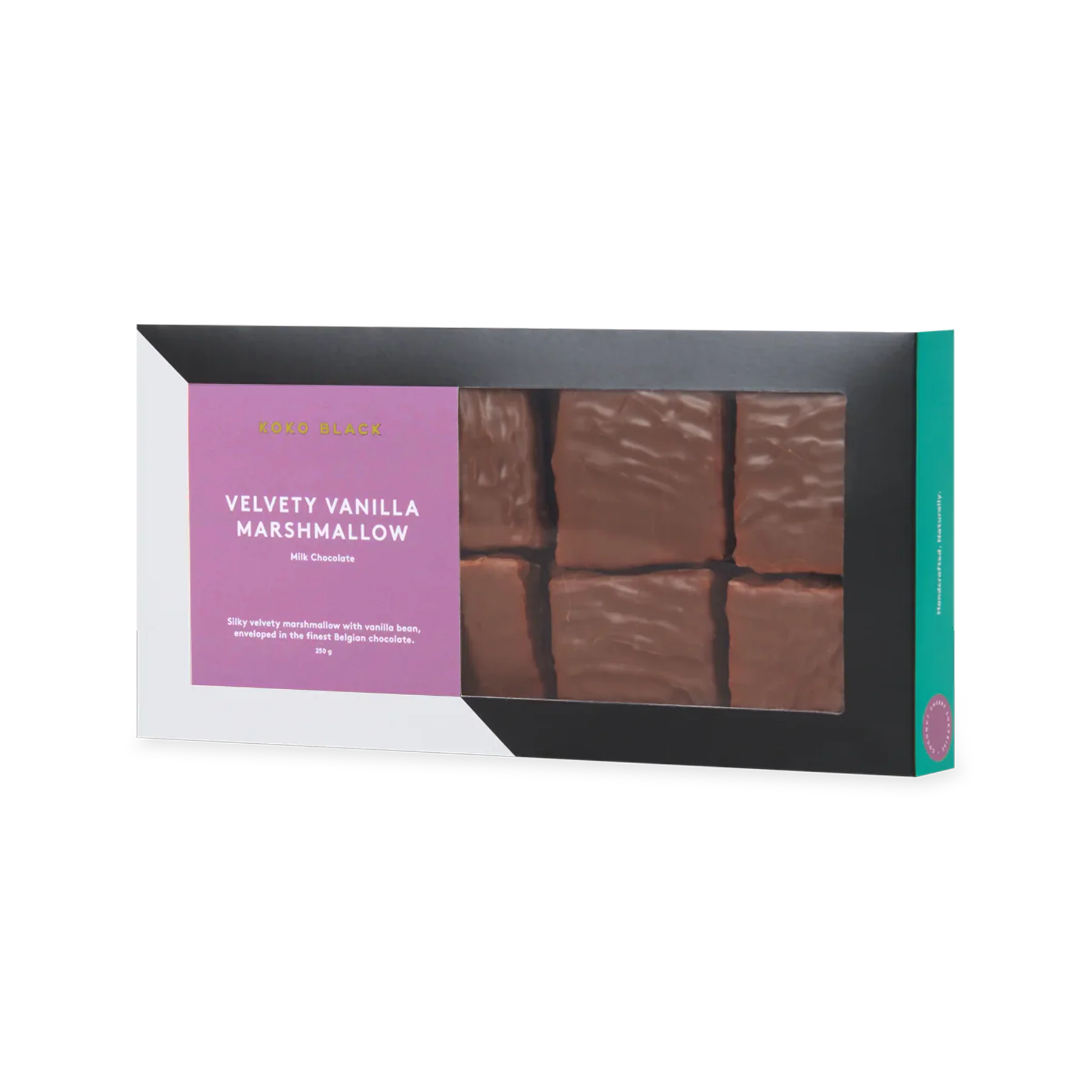 Box of Velvety Vanilla Marshmallow with Milk Chocolate on a white background