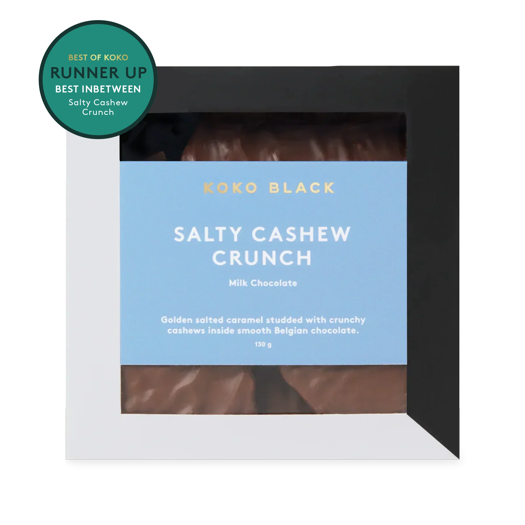 Koko Black Salty Cashew Crunch chocolate bar packaging with a blue label.