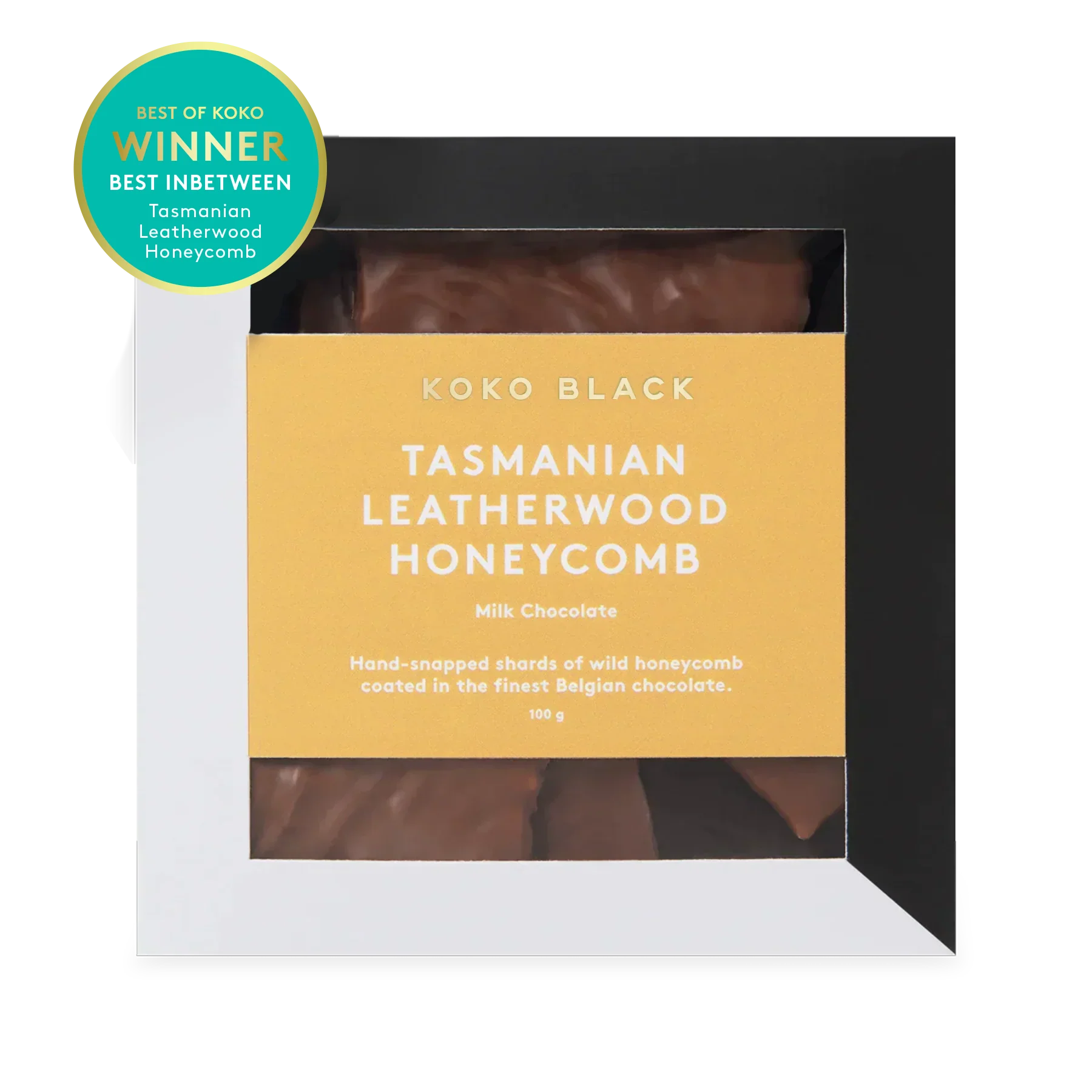 Koko Black Tasmanian Leatherwood Honeycomb packaging with a yellow label and chocolate pieces visible.