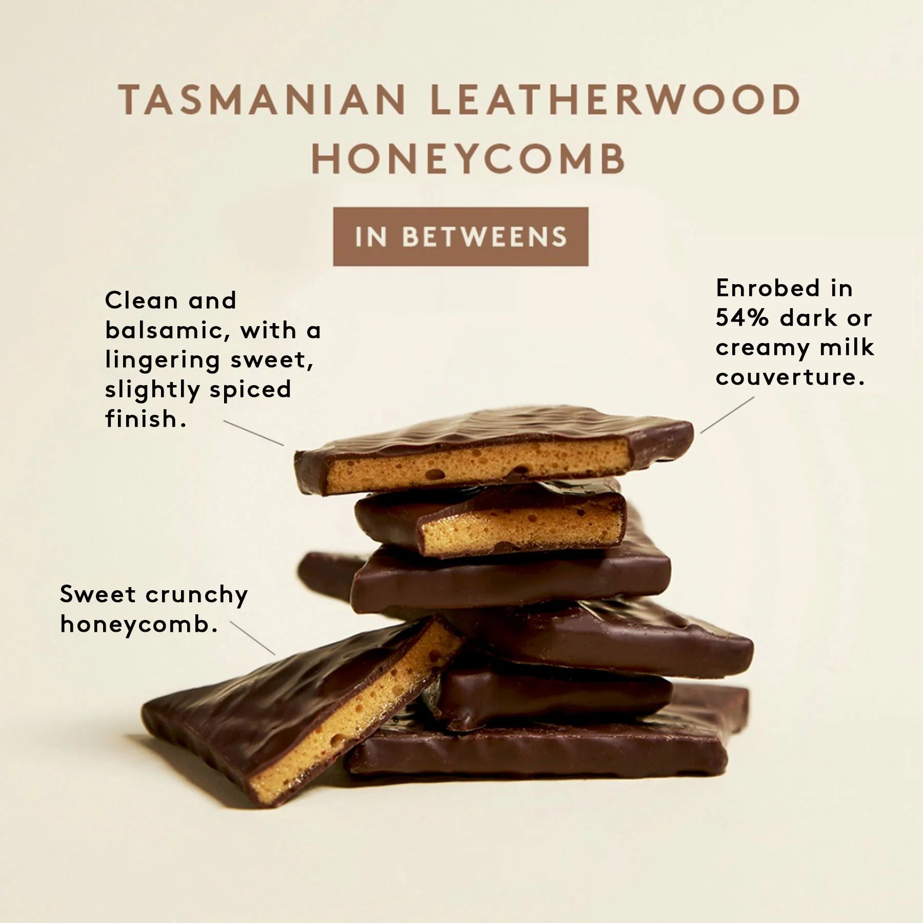 Tasmanian Leatherwood Honeycomb with chocolate coating on a beige background