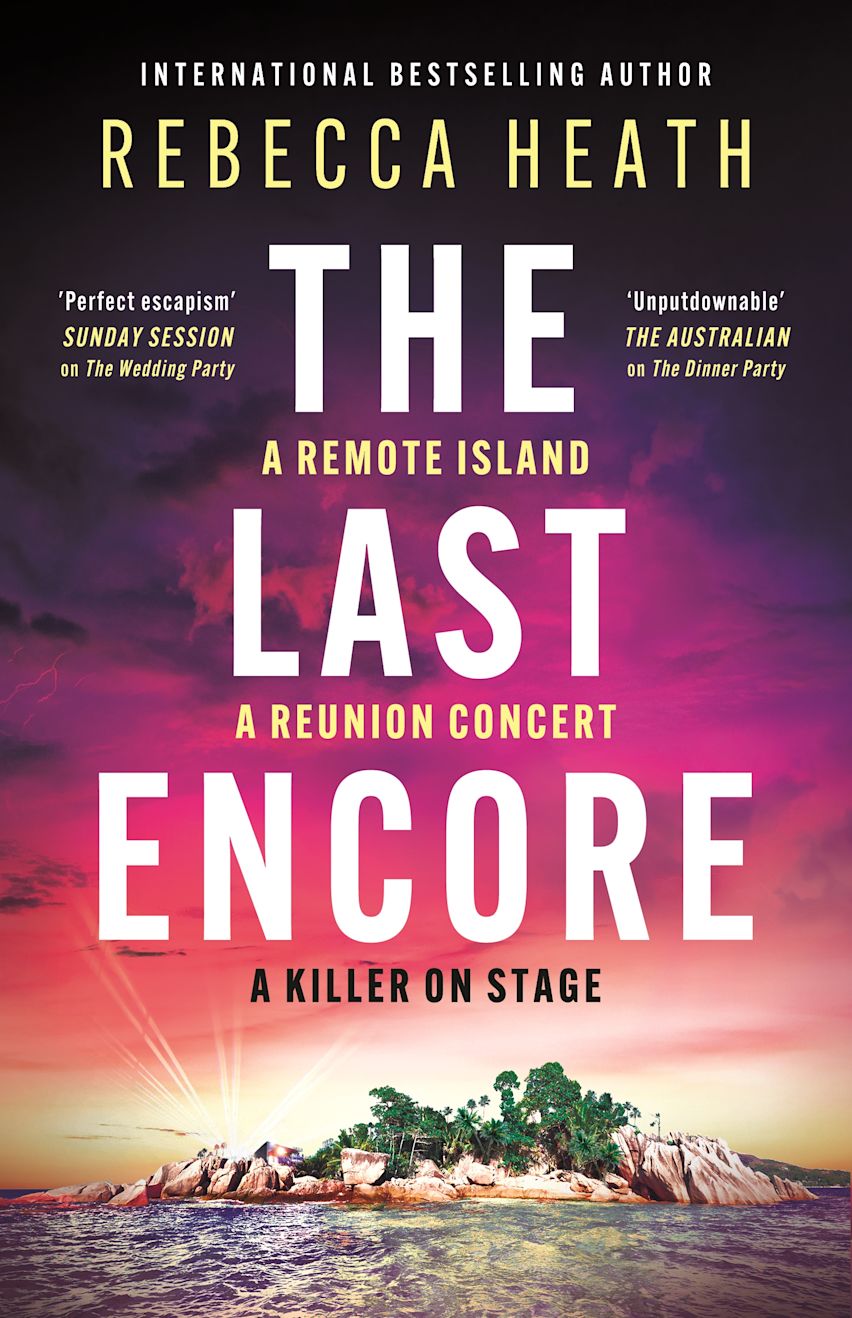 Book cover of 'The Last Encore' by Rebecca Heath with a scenic island and sunset.