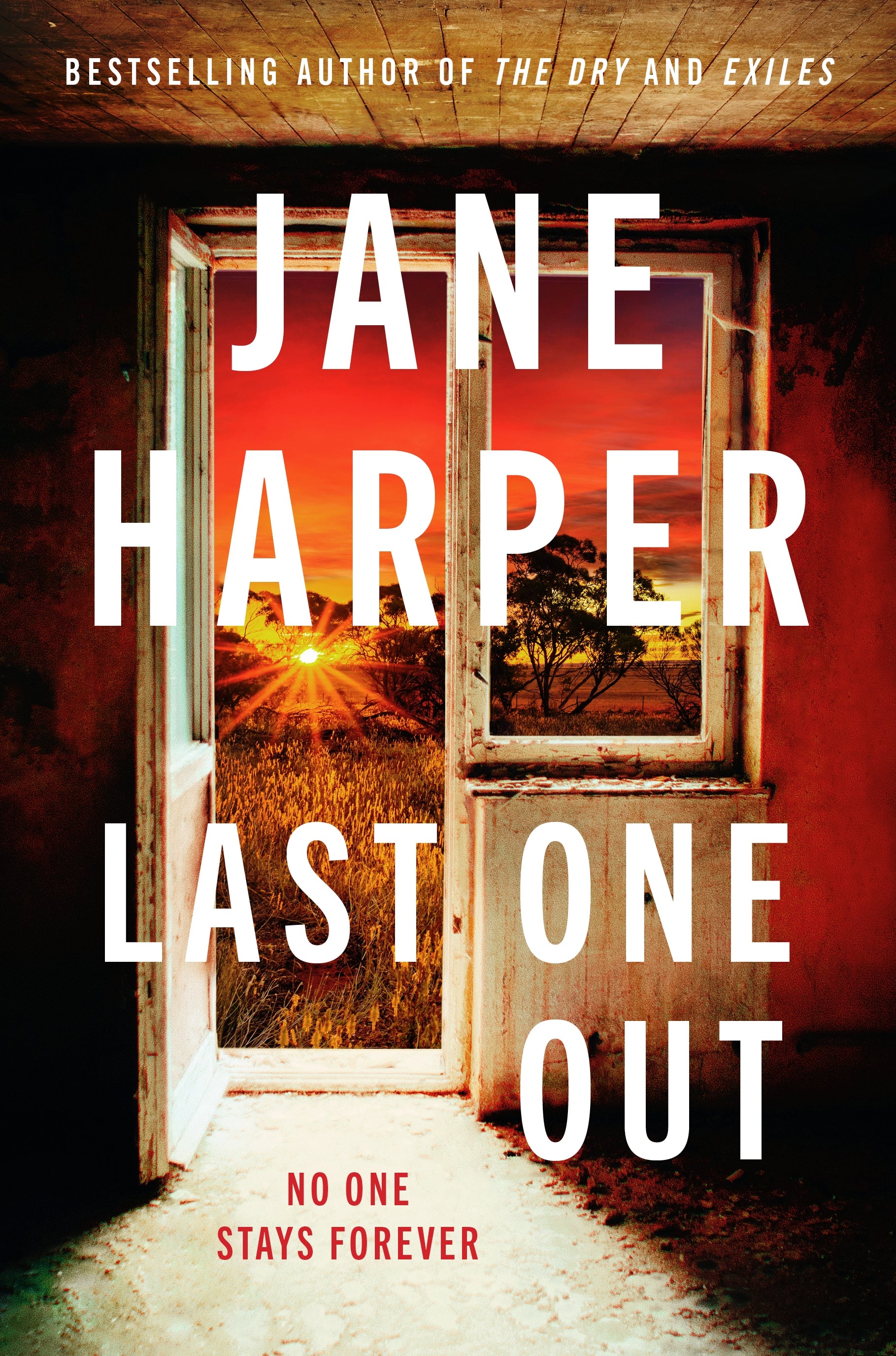 Book cover of 'Last One Out' by Jane Harper with a window view of a sunset.