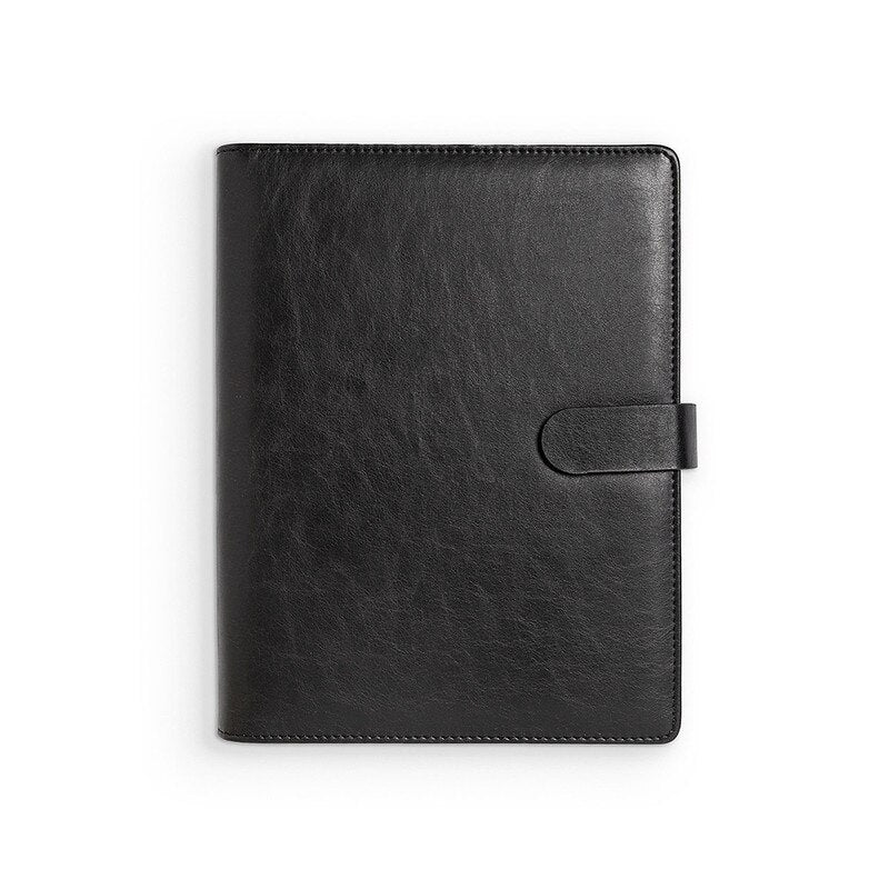 Black leather planner on a white background