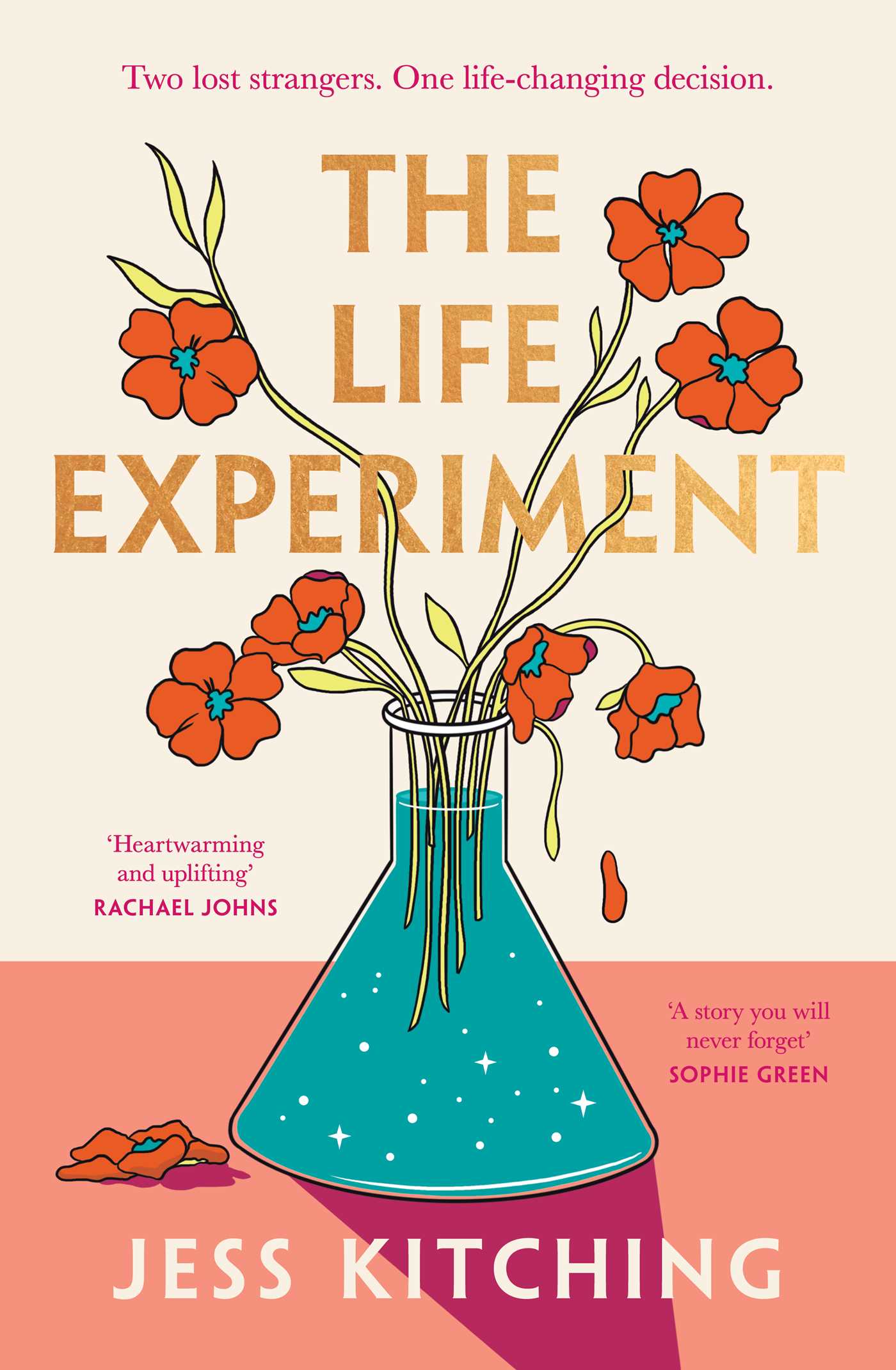 Book cover of 'The Life Experiment' with a blue beaker and orange flowers on a pink background.
