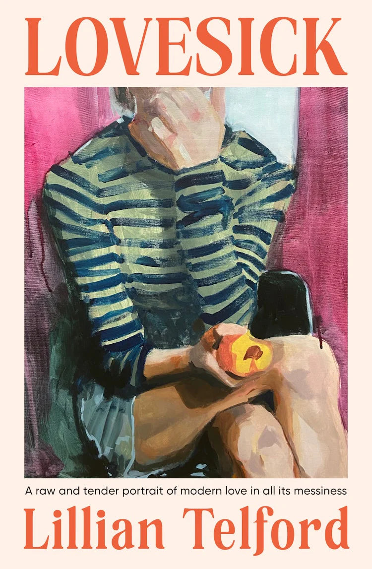 Book cover of 'Lovesick' by Lillian Telford featuring an illustration of a person holding a phone and an apple.