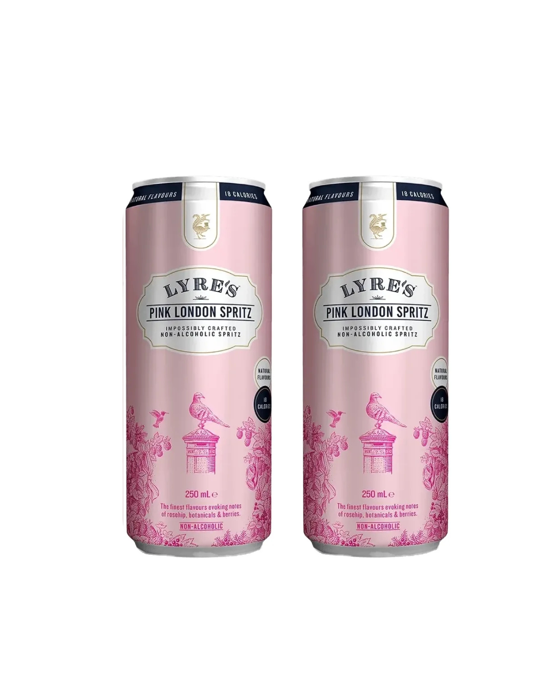 Two cans of Lyre's Pink London Spritz on a white background
