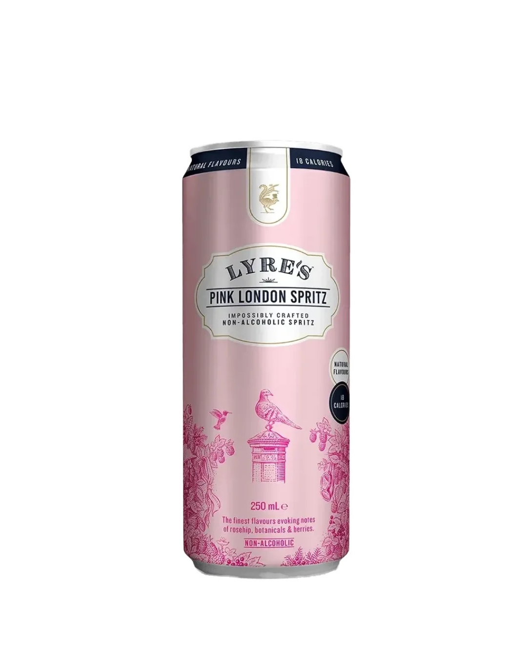 Pink can of Lyre's Pink London Spritz on a white background