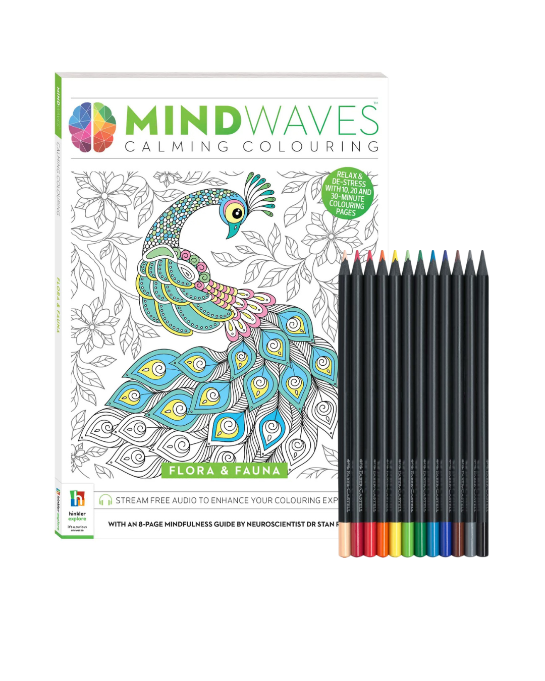 Coloring book with peacock design and coloring pencils on a white background