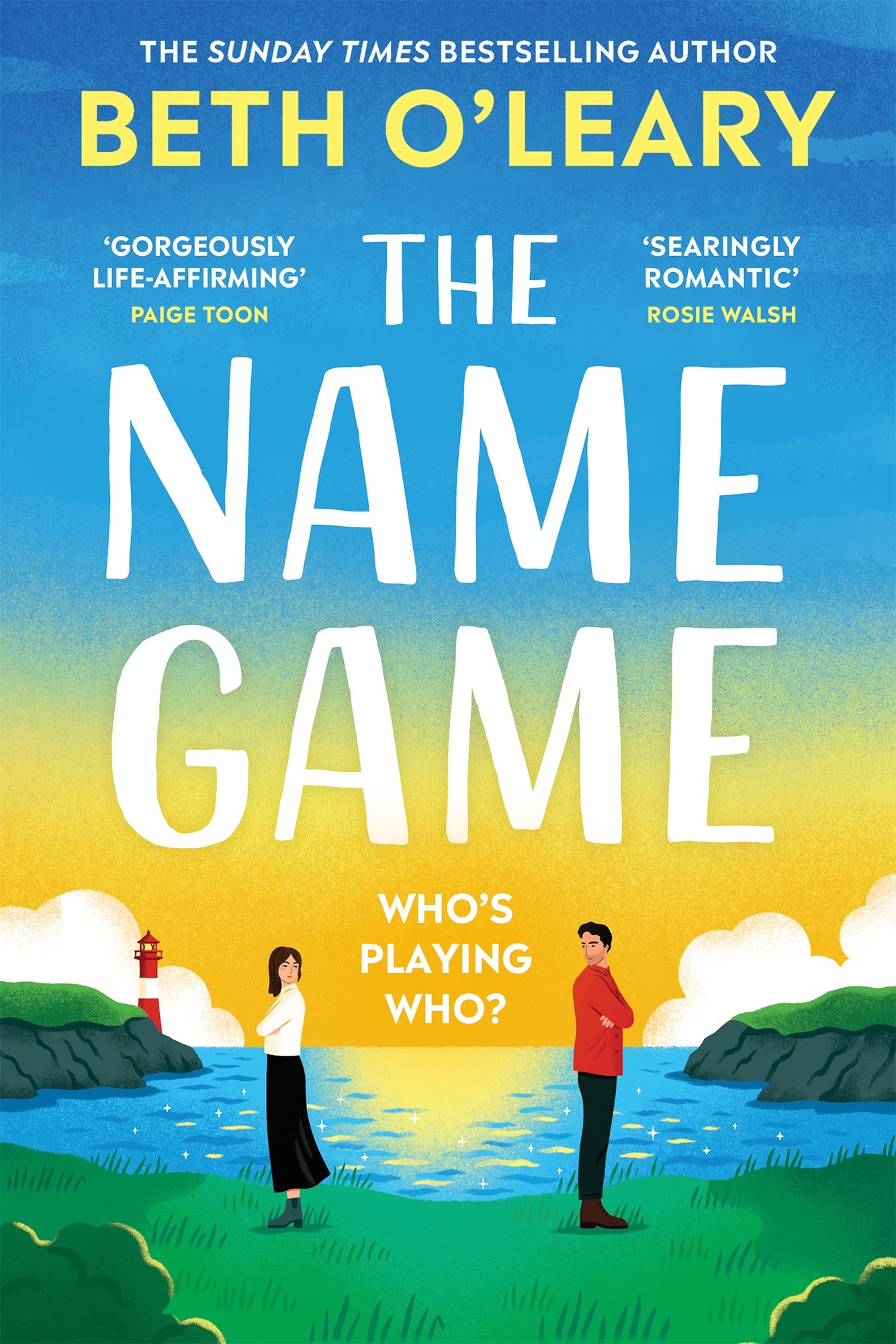 Book cover of 'The Name Game' by Beth O'Leary with a lighthouse and two people standing on a grassy area.