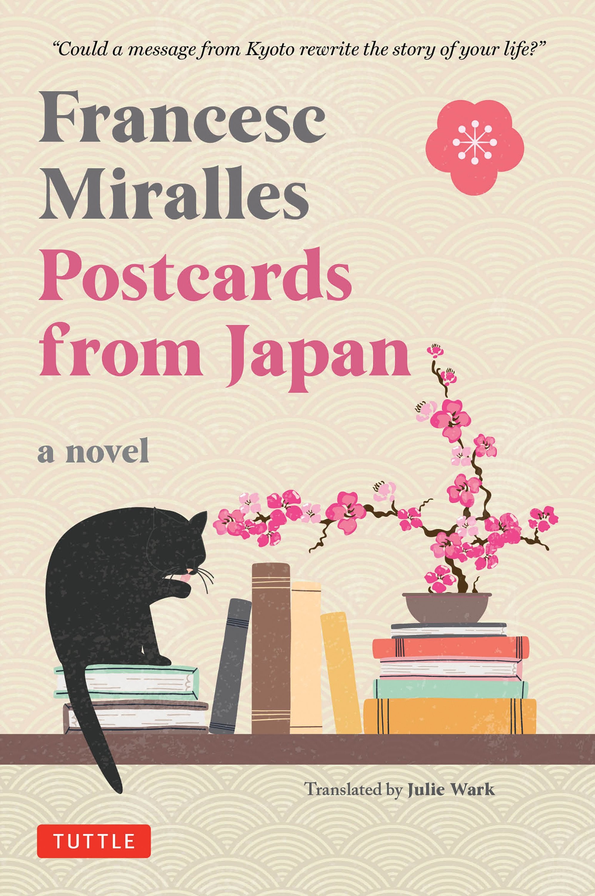 postcards from Japan a novel by Francese Miralles showing a cat standing next to books on a bookshelf