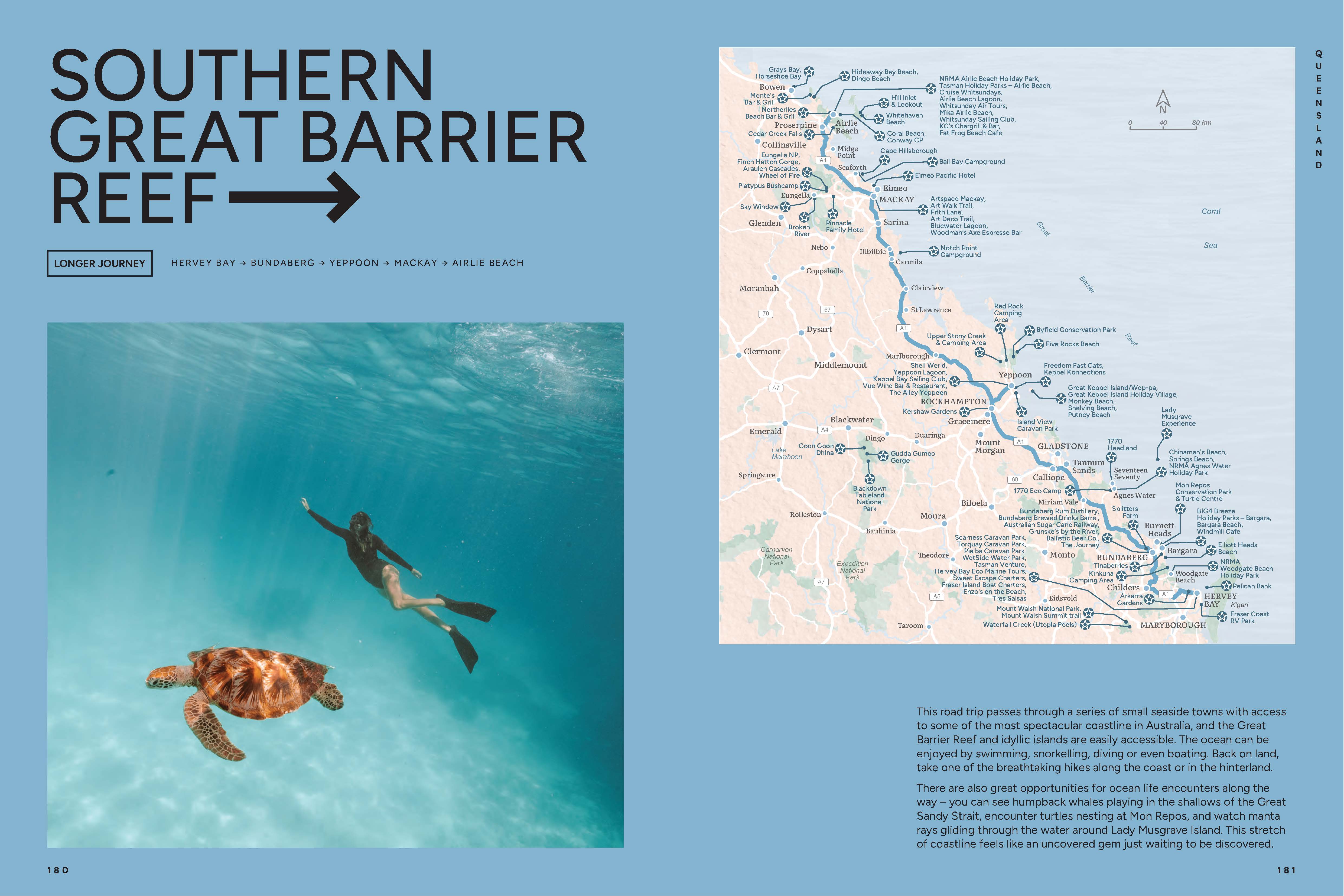 Map of the Southern Great Barrier Reef with a diver and turtle underwater on a blue background.