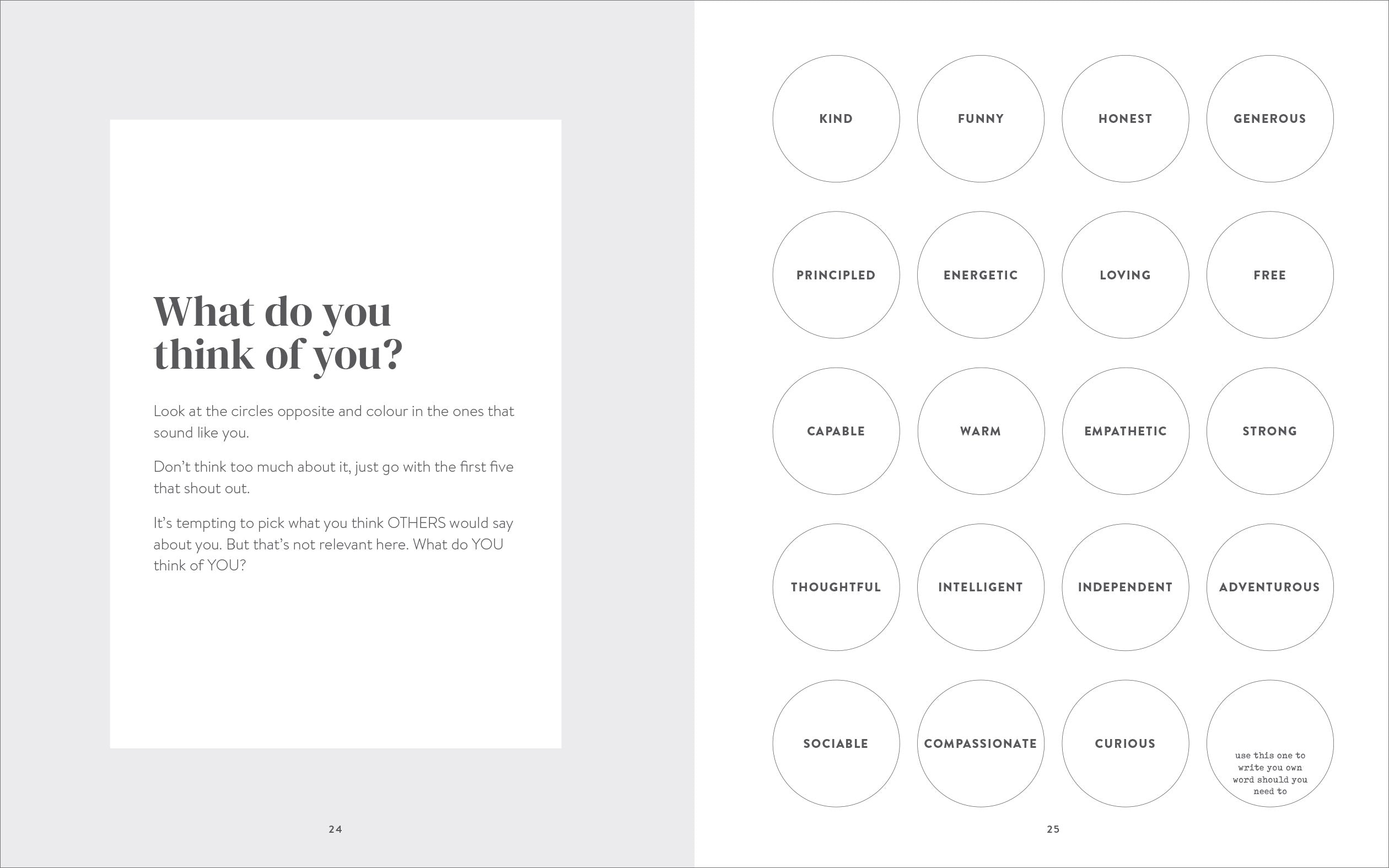 Sheet from a book with self-assessment questions and circular rating options.