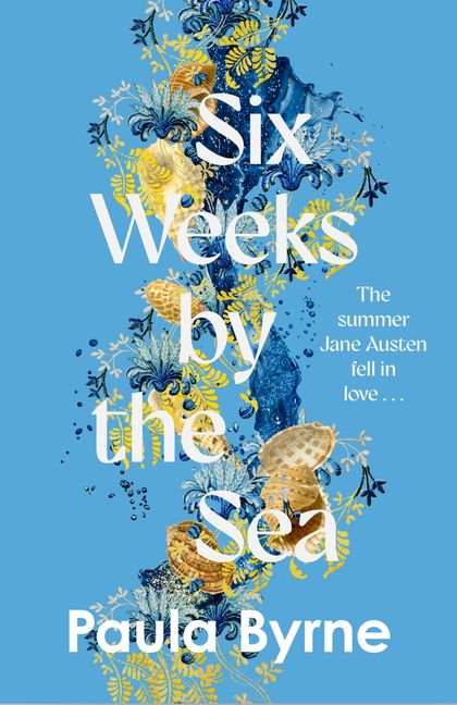 Book cover of 'Six Weeks by the Sea' with floral and shell design on a blue background